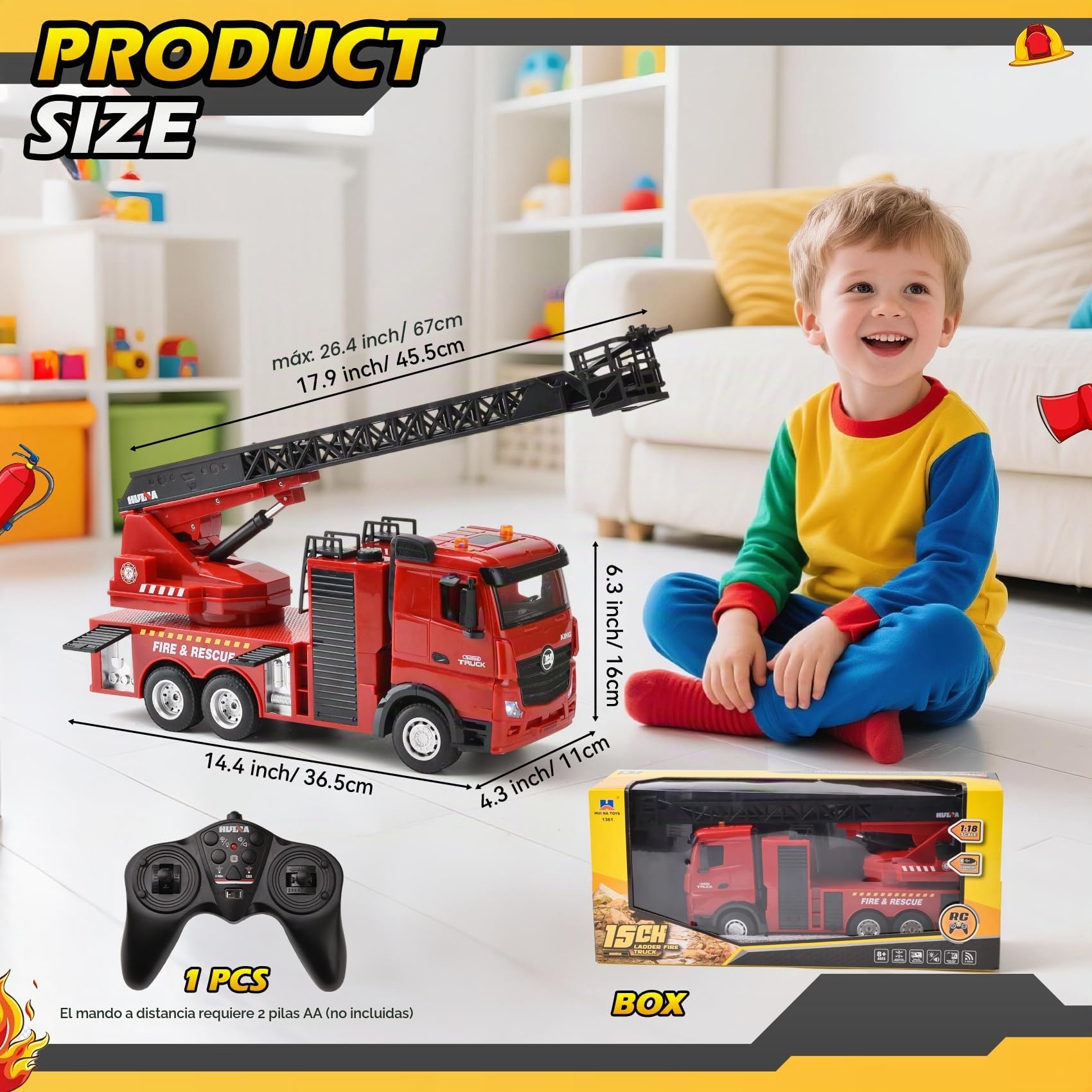 Gran Camión de Bomberos RC 1:18, Camión Bomberos con Escalera Giratoria 270° & Cañón de Agua, 7.4V Recargable, Luces y Sonido, Camiones de Juguete para Niños de 3 a 12 Años