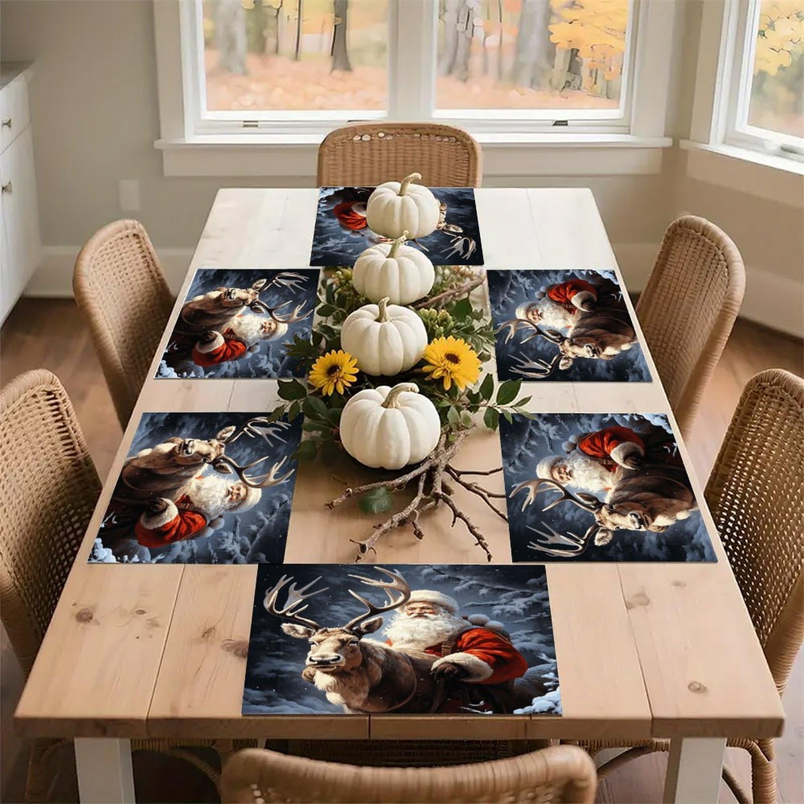 Santa Claus and Deer Elk Placemats Non-Slip Heat Resistant Table Mats Flax Washable Cloth Place Mats Easy to Clean Premium Placemat for Kitchen Dining Table Decor Party Outdoor
