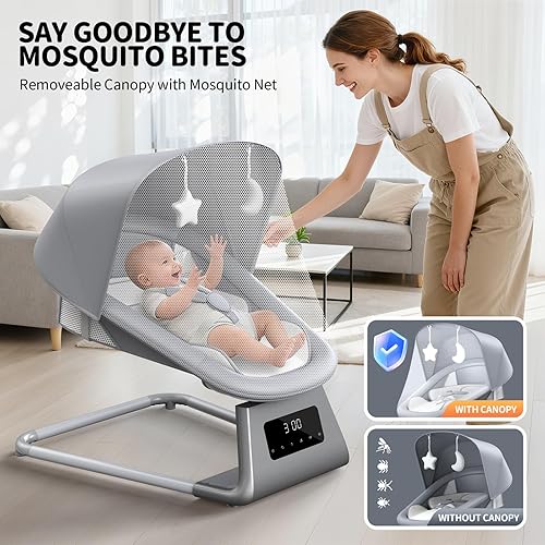 Miniatura 7 de Silla eléctrica del oscilación del bebé con pantalla digital, diseño moderno, blanco y gris
