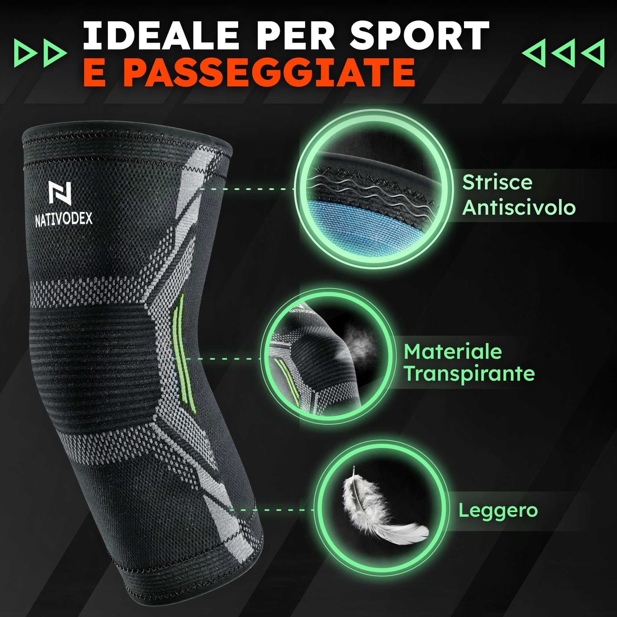 NativoDex Ginocchiera Stabilizzante di Supporto per Menisco e Legamenti - Tutore Ginocchio Antiscivolo di Compressione per Uomo e Donna - Ginocchiere Palestra