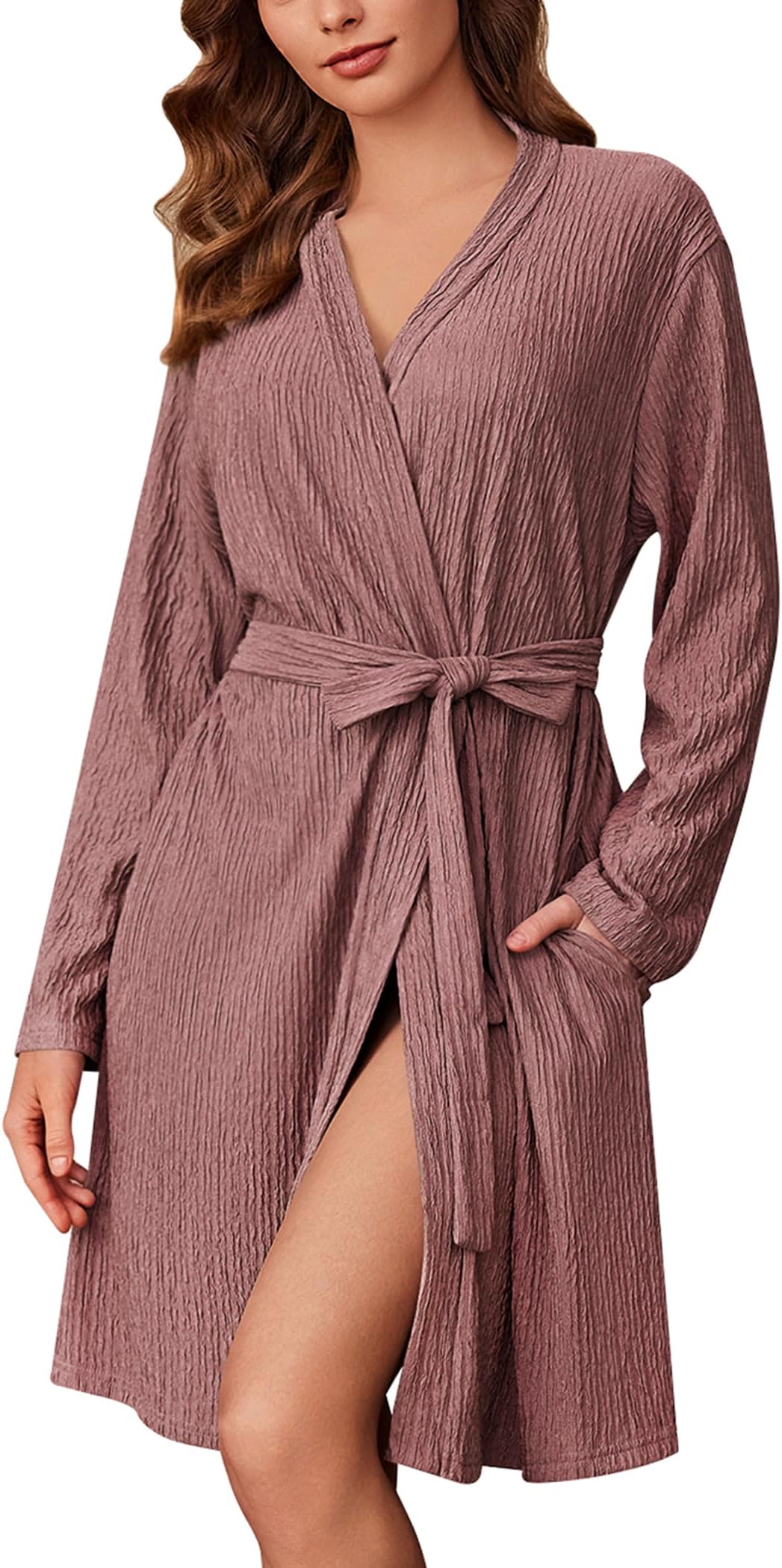 Ekouaer Robes for Women Short Knit Bathrobe Lightweight Kimono Robe Knee Length Loungewear S-XXL