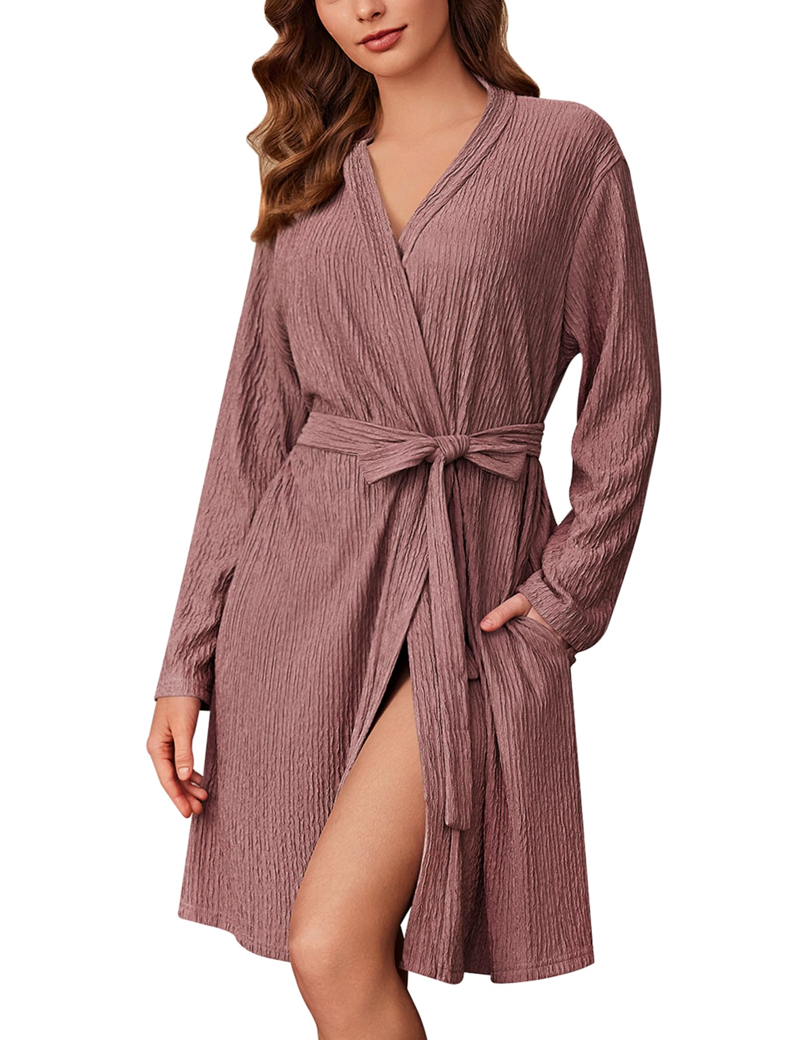 Ekouaer Robes for Women Short Knit Bathrobe Lightweight Kimono Robe Knee Length Loungewear S-XXL