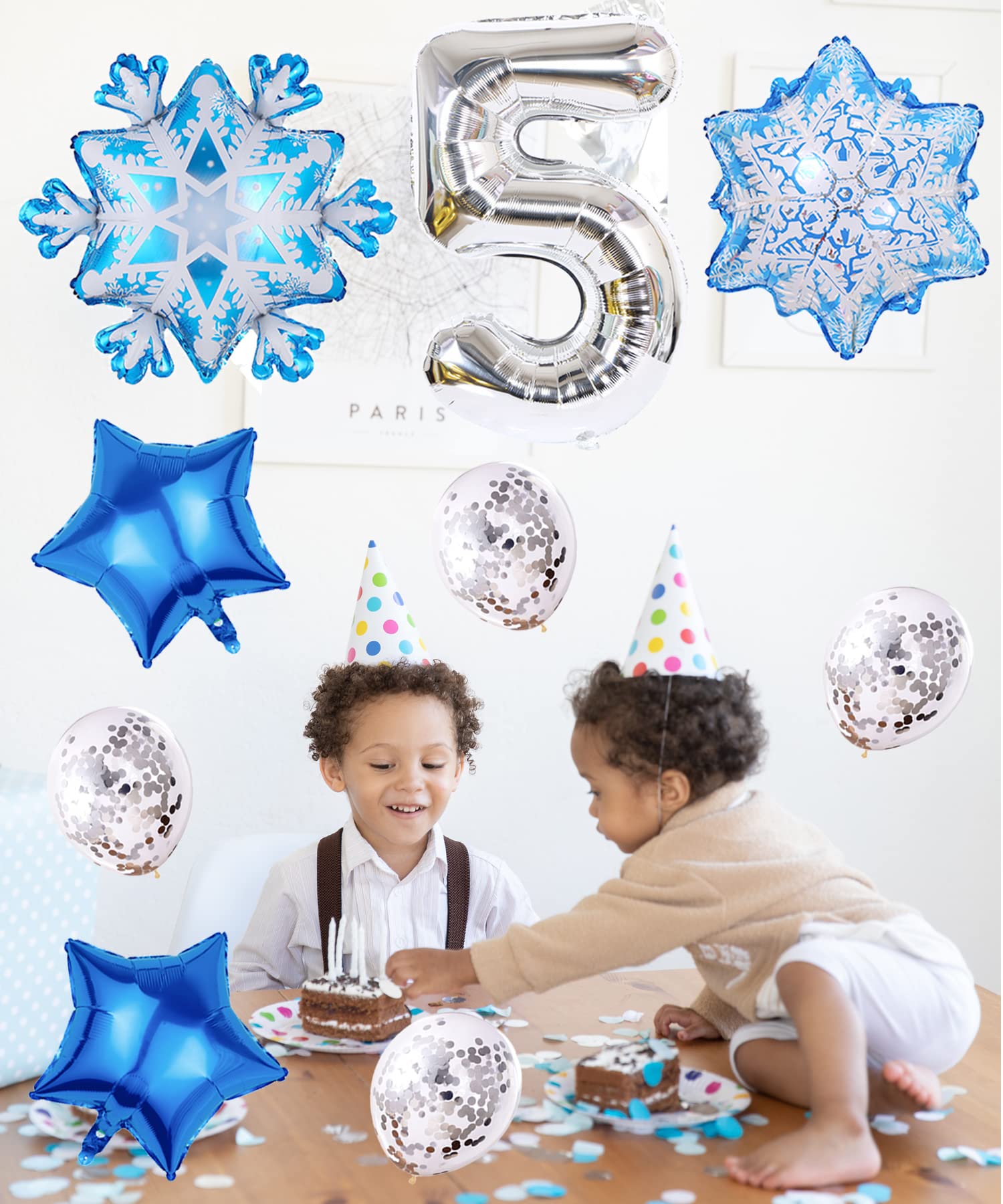 Décoration Ballons Anniversaire Reine Des Neiges - Lot De 5 Ballons Aluminium Et Latex (flocons, Chiffre) - Pour Fête Enfant, Thème Hiver