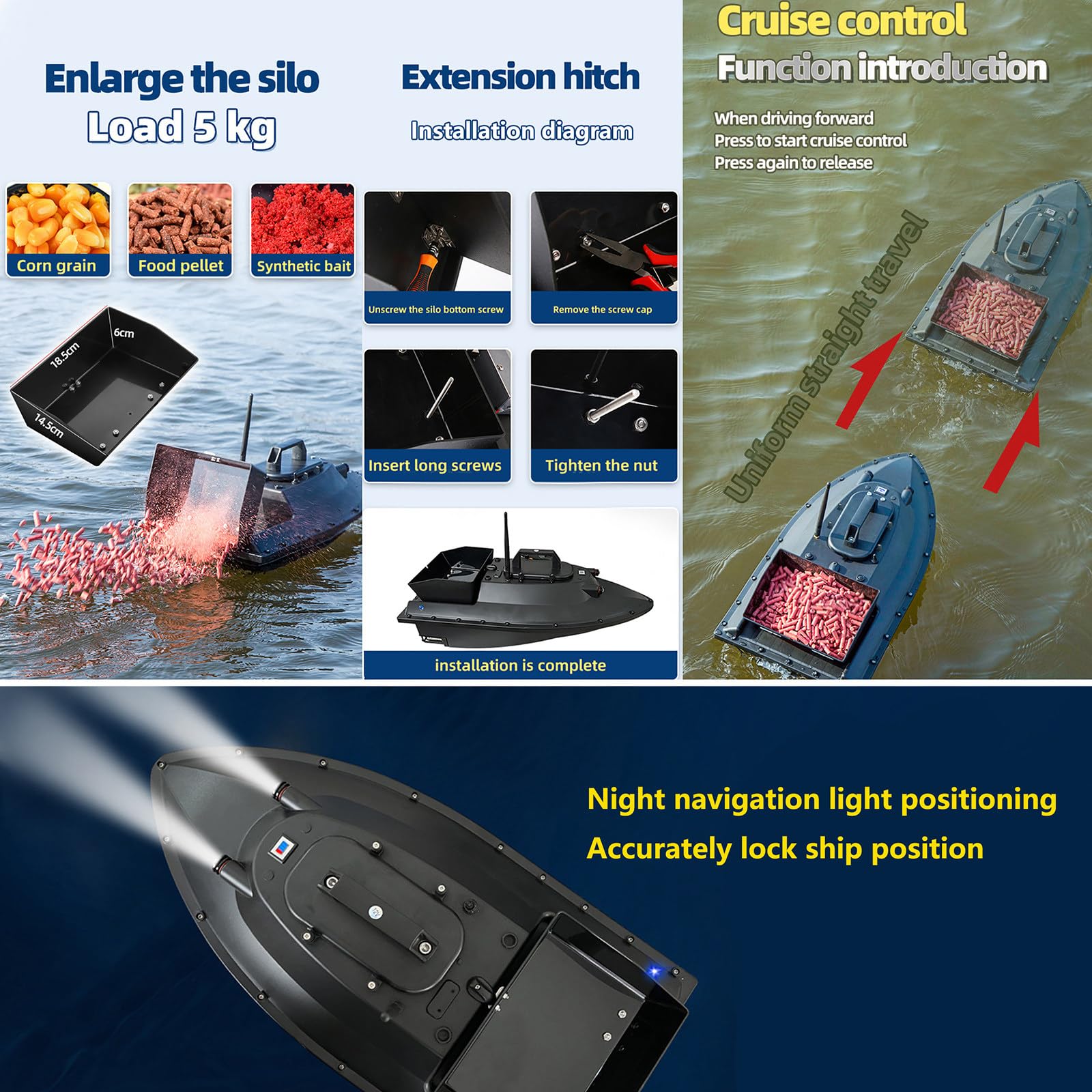 barca da pesca telecomandata a ritorno automatico GPS da 12V (sgancio elettromagnetico) con batteria da 18000 mAh, 3 velocità, telecomando per tirare la rete,carico di 2,5 kg, contenitore di scarico