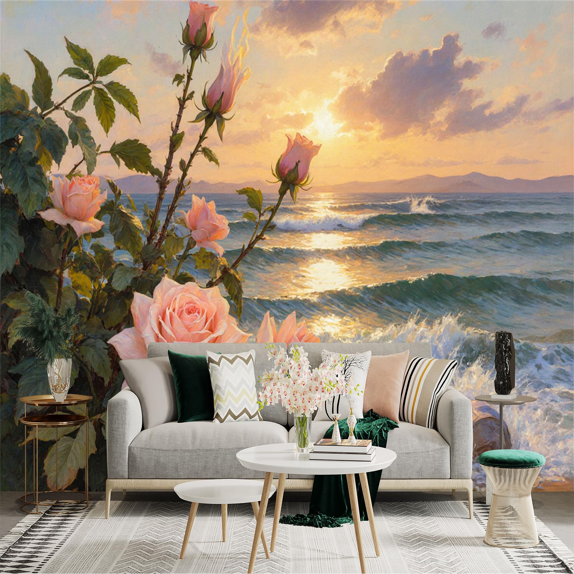 Custom Size Wall Sticker Mural， Pink Roses by the Sea with Sunset Waves and Coastal Landscape， for wall Decoration， peelandstick wall Decals.
