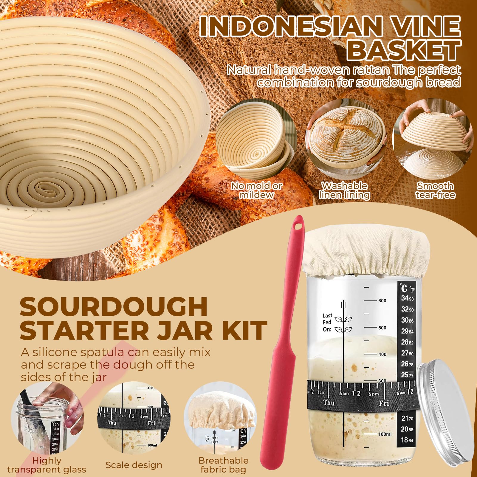 Banneton pour Pain, Corbeille a Pain Rond 25cm, Pot de Fermentation 700ml, Grattoir à Pâte, Brosse, Kit Boulangerie pour Pains à Levain, Panier a Pains pour Débutant, Passionné de Boulangerie