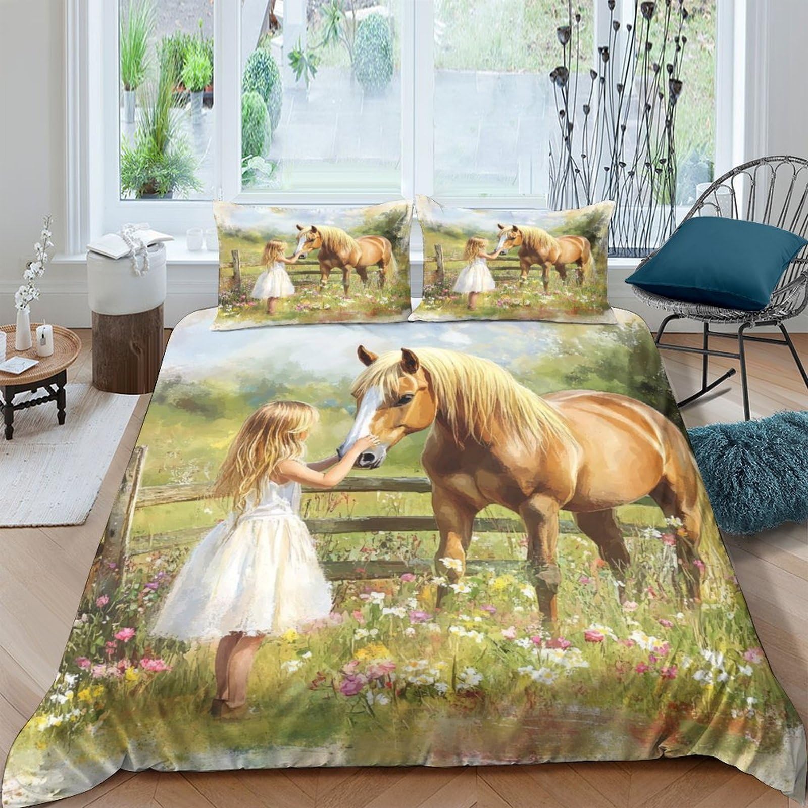 Ctjqhvkz Girls Style-4 3D Printed With Horse Fitted Sheet Microfiber Soft Animal Meadow Bed Cover Anti-Slip Machine Washable For Bedroom Decor Single（135X200cm）
