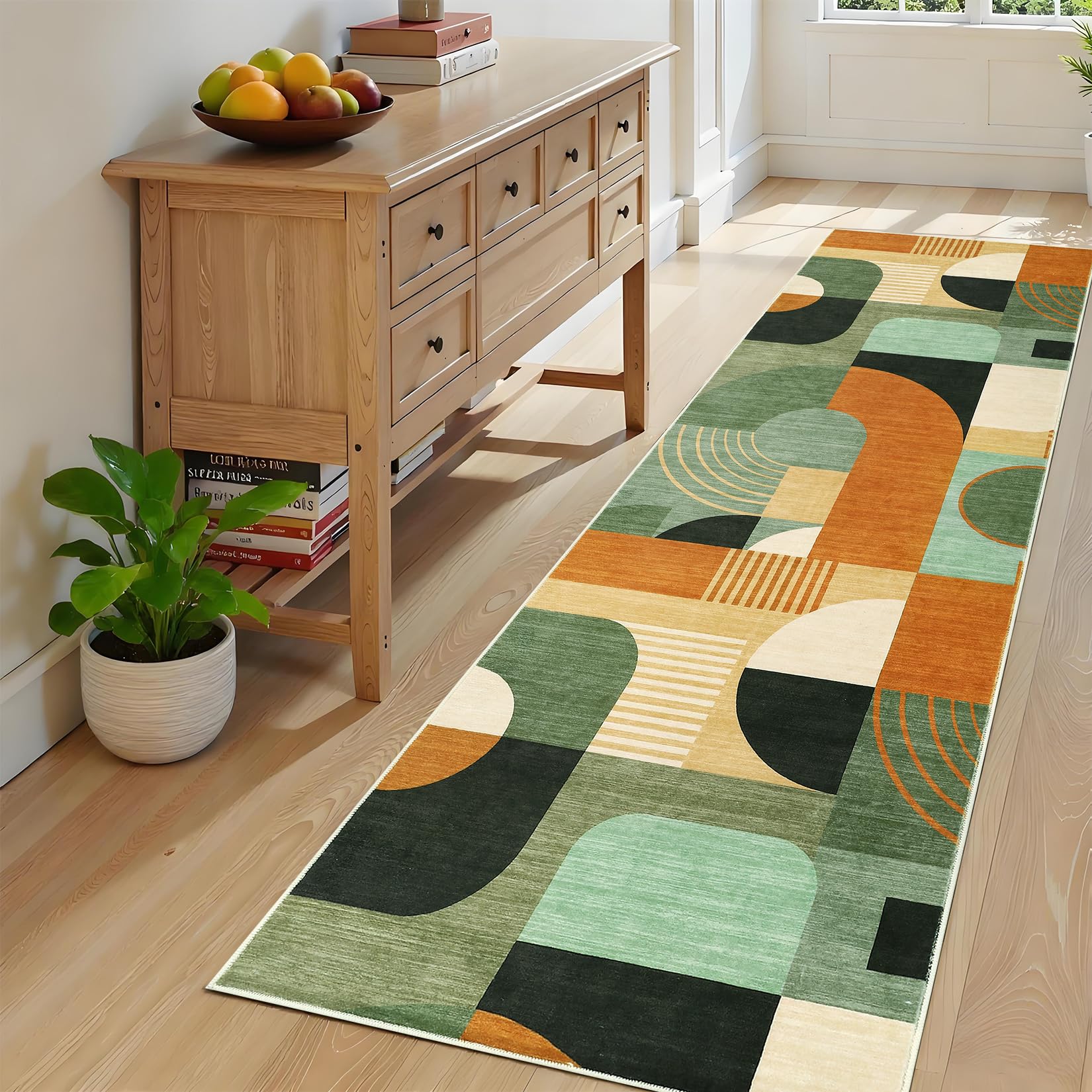 Runner Rugs 2x6, Boho Geometric Print Washable Hallway Runner Long Entryway Rug Soft Low Pile Non-Slip Kitchen Rug Runners for Bedroom Laundry, Green