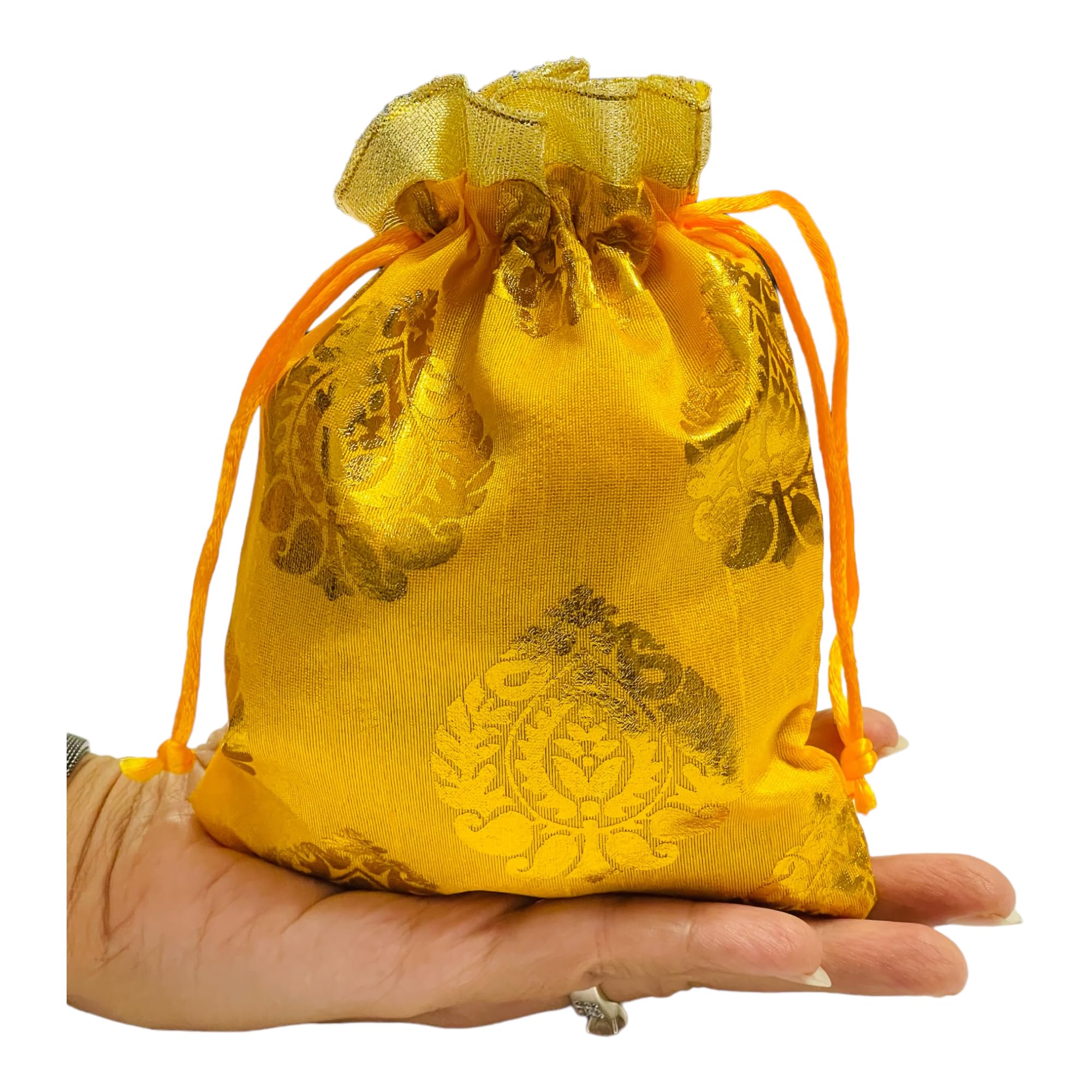 Moira Lot de 25/50/100 sacs cadeaux unisexes en brocart de soie doré avec fermeture à cordon pour cadeaux/rangement de bijoux/chocolats/fruits secs (jaune, 100)