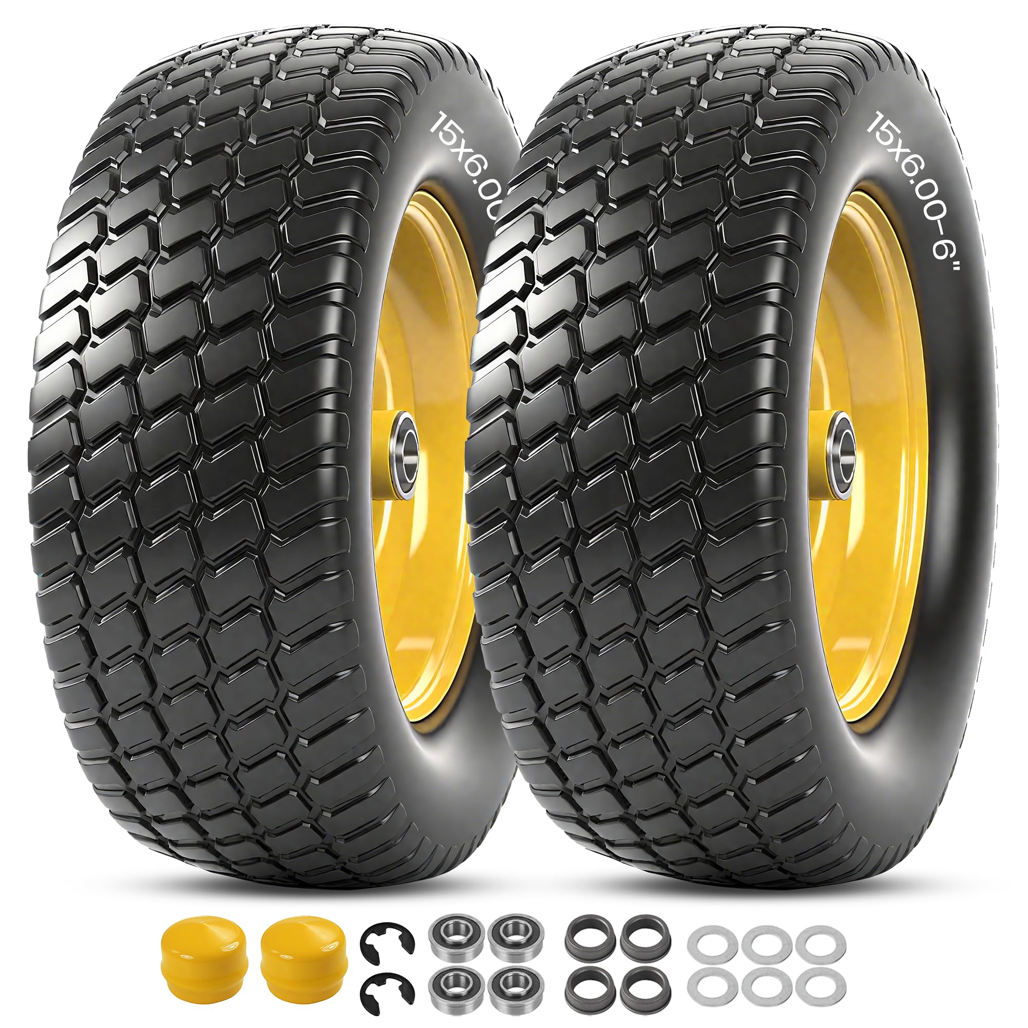 ar-pro (2 pack) 15x6.00-6 flat free tire and wheel, solid lawn mower front tires with 3" centered hub, 3/4" & 5/8" bearings & 1" bushings, compatible with john deere riding mower lawn tractor