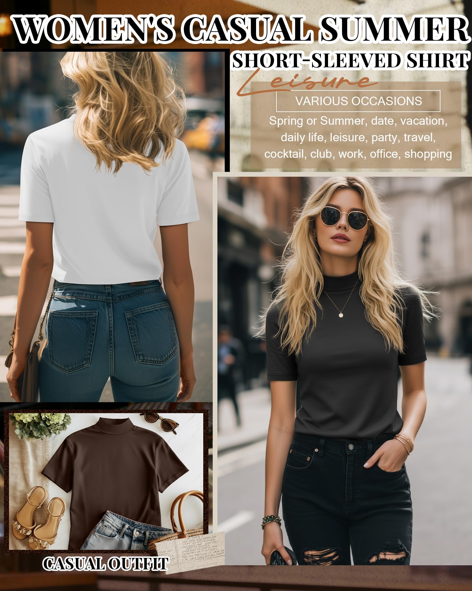 Ficerd 3er-Pack Damen-Shirts mit Stehkragen, Kurzarm-Rollkragenoberteile, Schmal Geschnitten, Lässige Sommer-Basic-Shirts