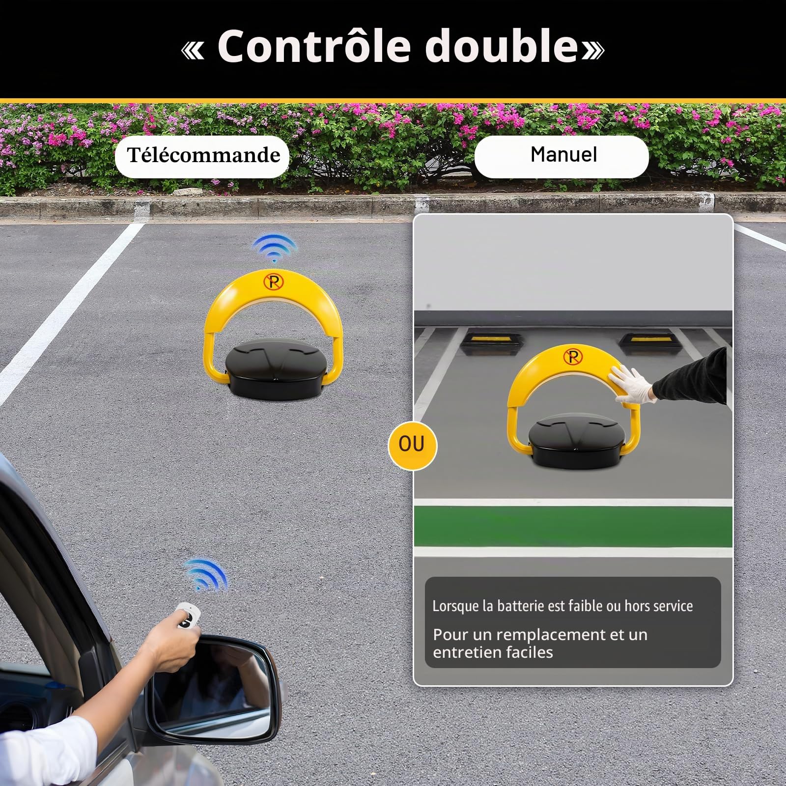 Barrière de parking électrique avec télécommande de 30 m, pliable, verrouillage automatique (batterie sèche non incluse)