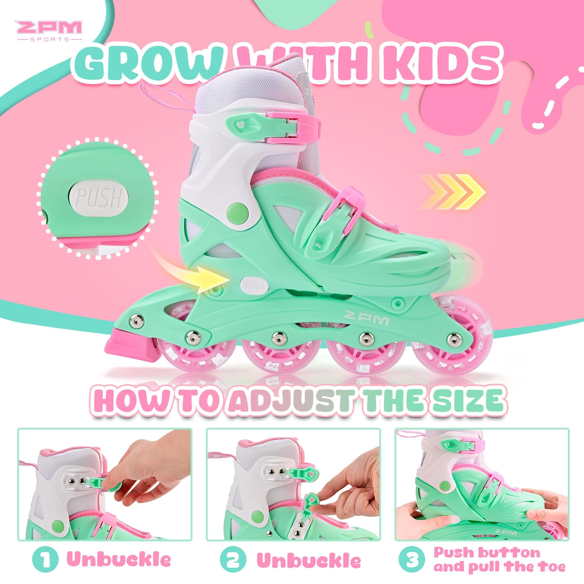 2PM SPORTS Roller en Ligne Réglables pour Enfants Filles et Garçons | Roller en ligne pour femmes, hommes et débutants âgés de 5 à 12 ans ; taille réglable ; pointures 28–31, 32–36, 37–40.
