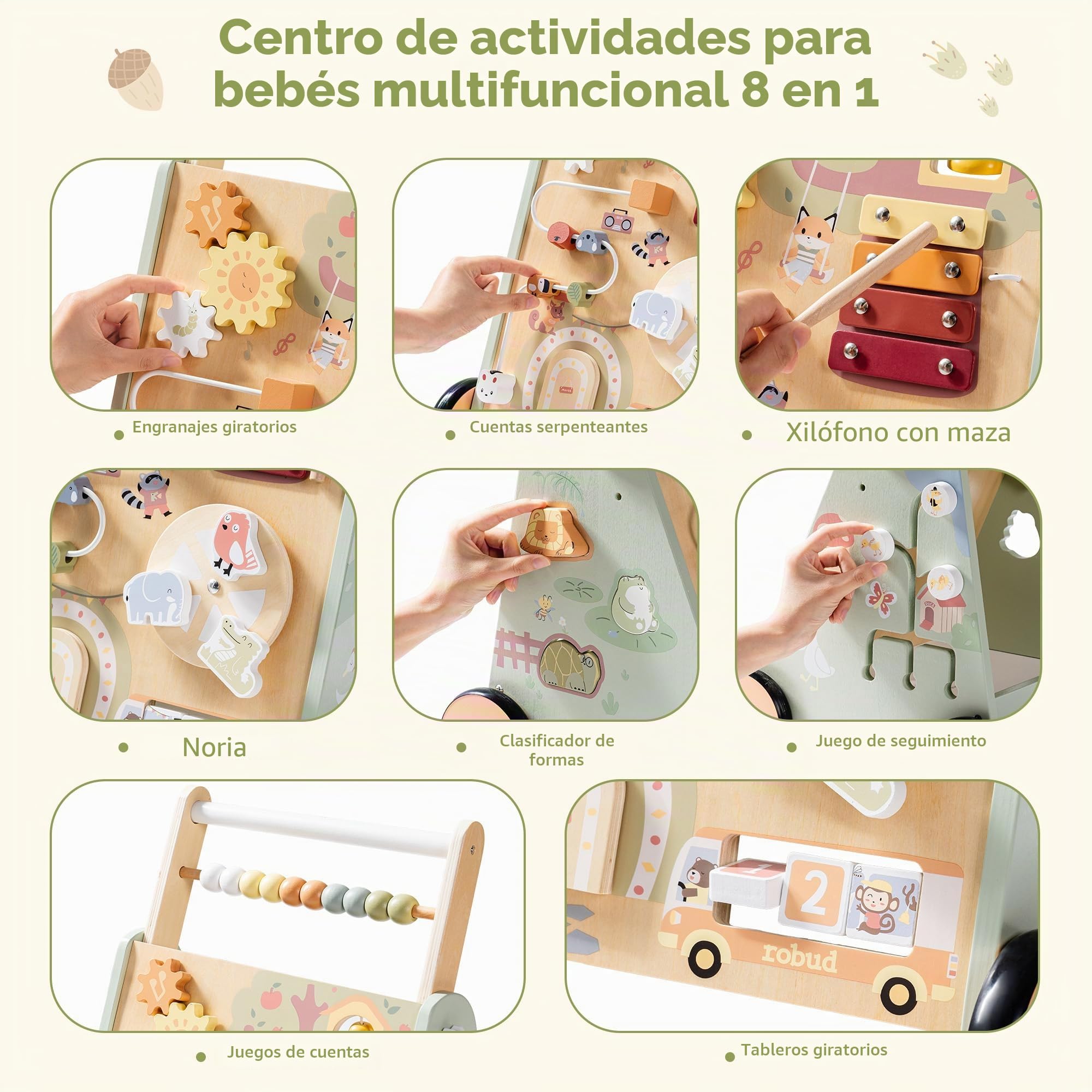 ROBUD Andador de madera para bebés para niños pequeños, juguete multifuncional 8 en 1 con centro de actividades, gran espacio de almacenamiento, control de altura y velocidad, andador educativo de