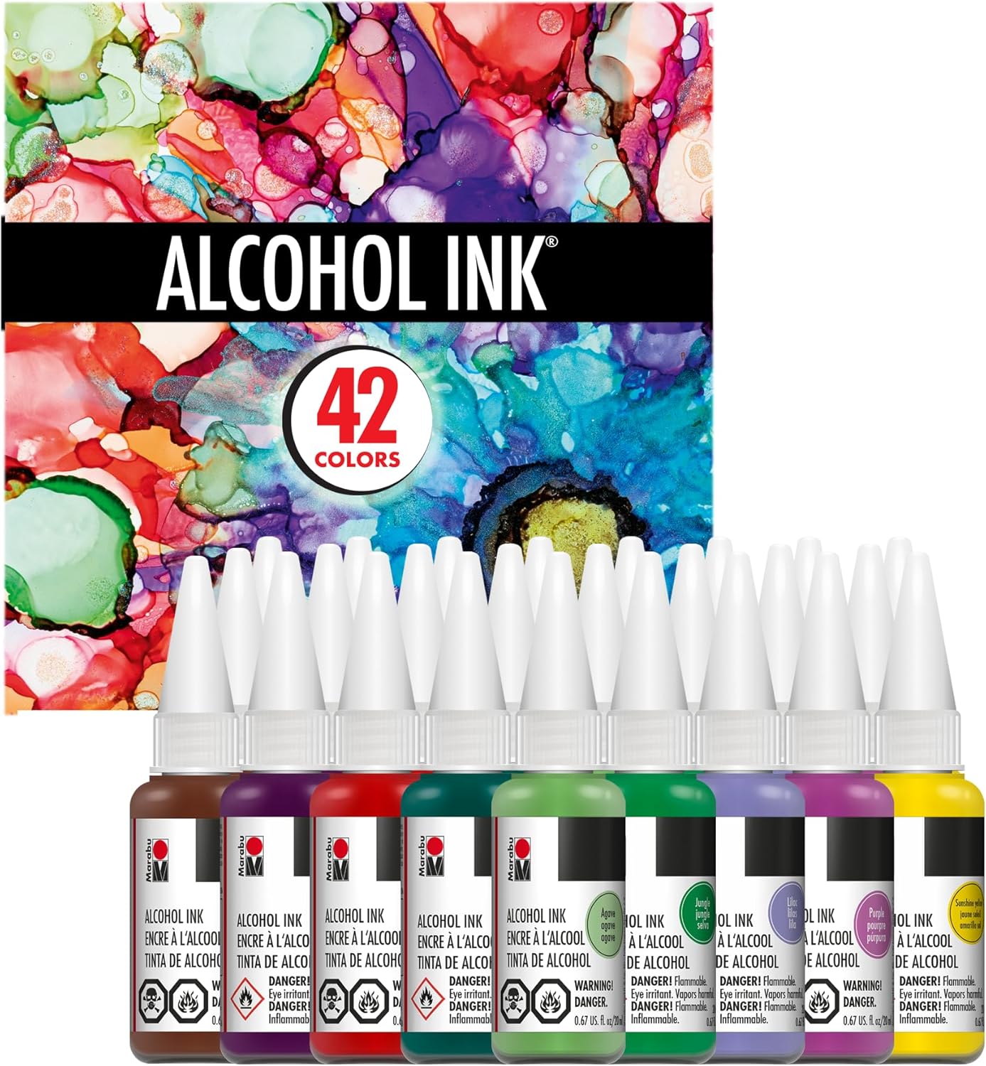Marabu Alcohol Ink Basic Bundle – 42 Vibrant Colors, Alcohol Inks for Resin, DIY Crafts & More