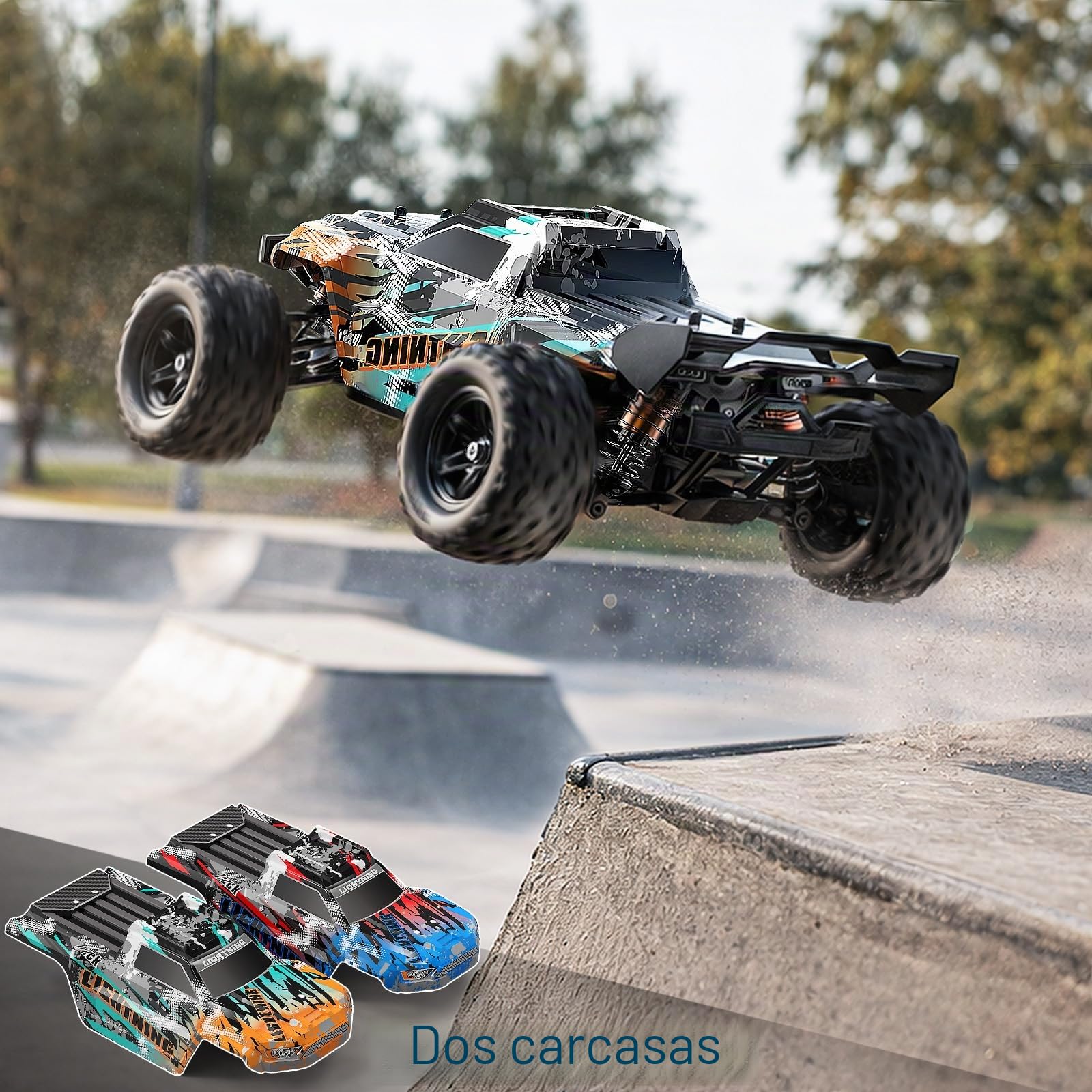 Coche Teledirigido 1:18 4WD 40 km/h Todoterreno 4x4, Coche Radiocontrol con 2 Baterías 7.4V 1300mAh, ESC Impermeable 2.4GHz, Doble Carrocería, Transmisión Metálica para Niños y Adultos