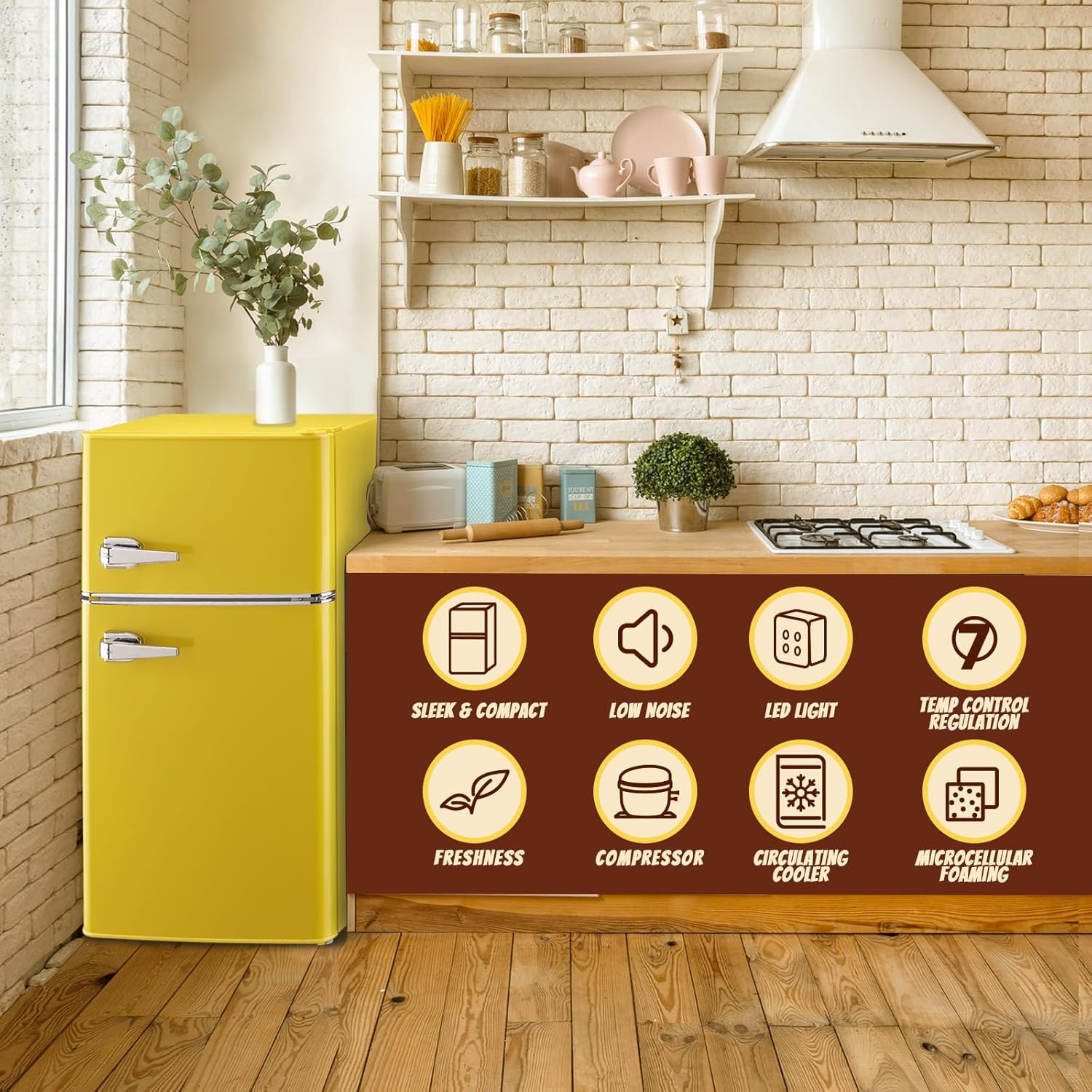 Fridge with Freezer Mini Refrigerator Apartment Size Retro Refrigerator Double door Removable Glass Shelves 7 Temp Gear Detachable Handle Yellow
