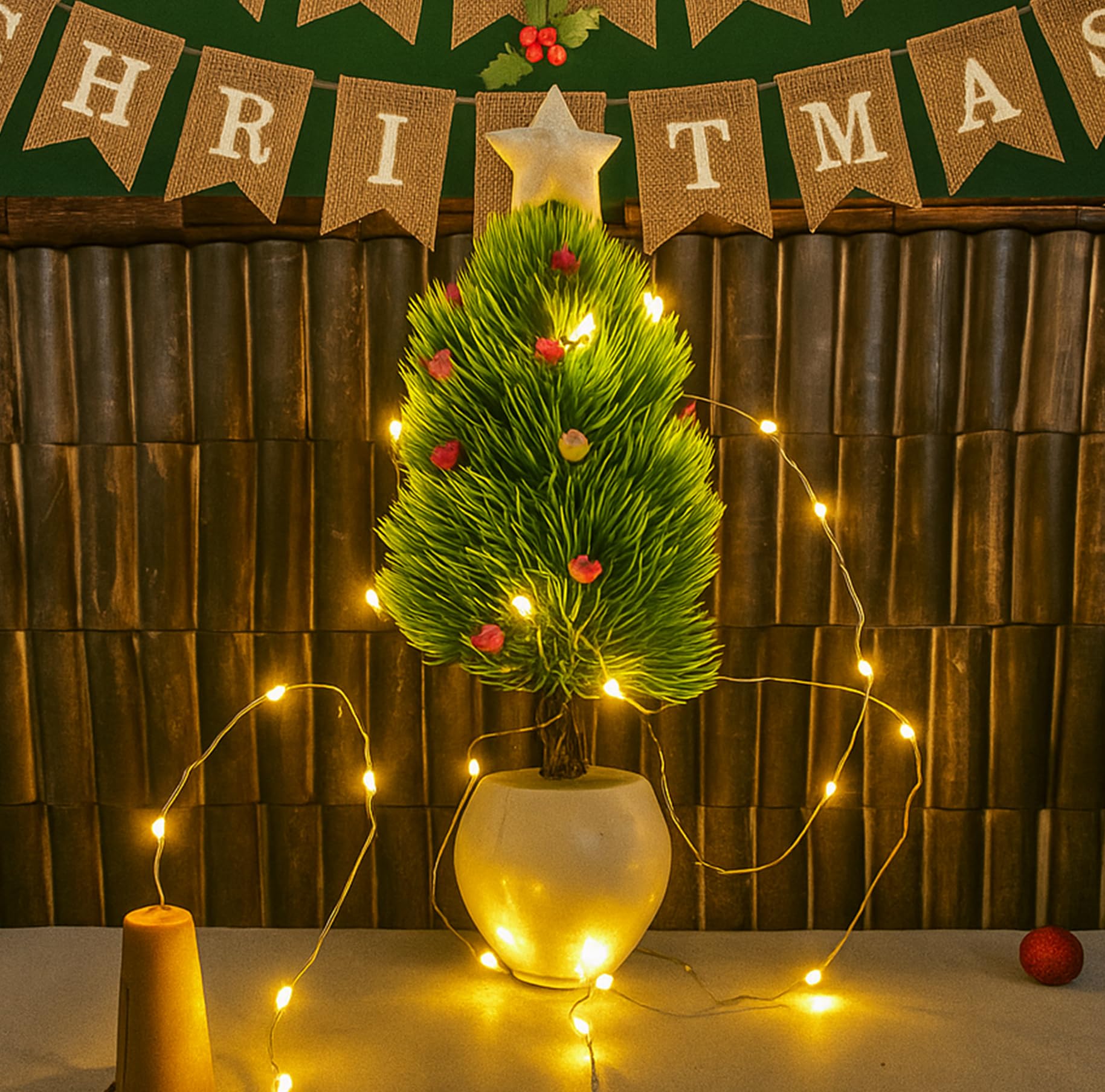 Asharya® Christmas Tree Fake Plant with Pot, Small Artificial Potted Plant Ideal for Home Décor, Living Room, Bathroom, Farmhouse - 27 CM LED Plant for Gift Item Faux Flower Plant Table top