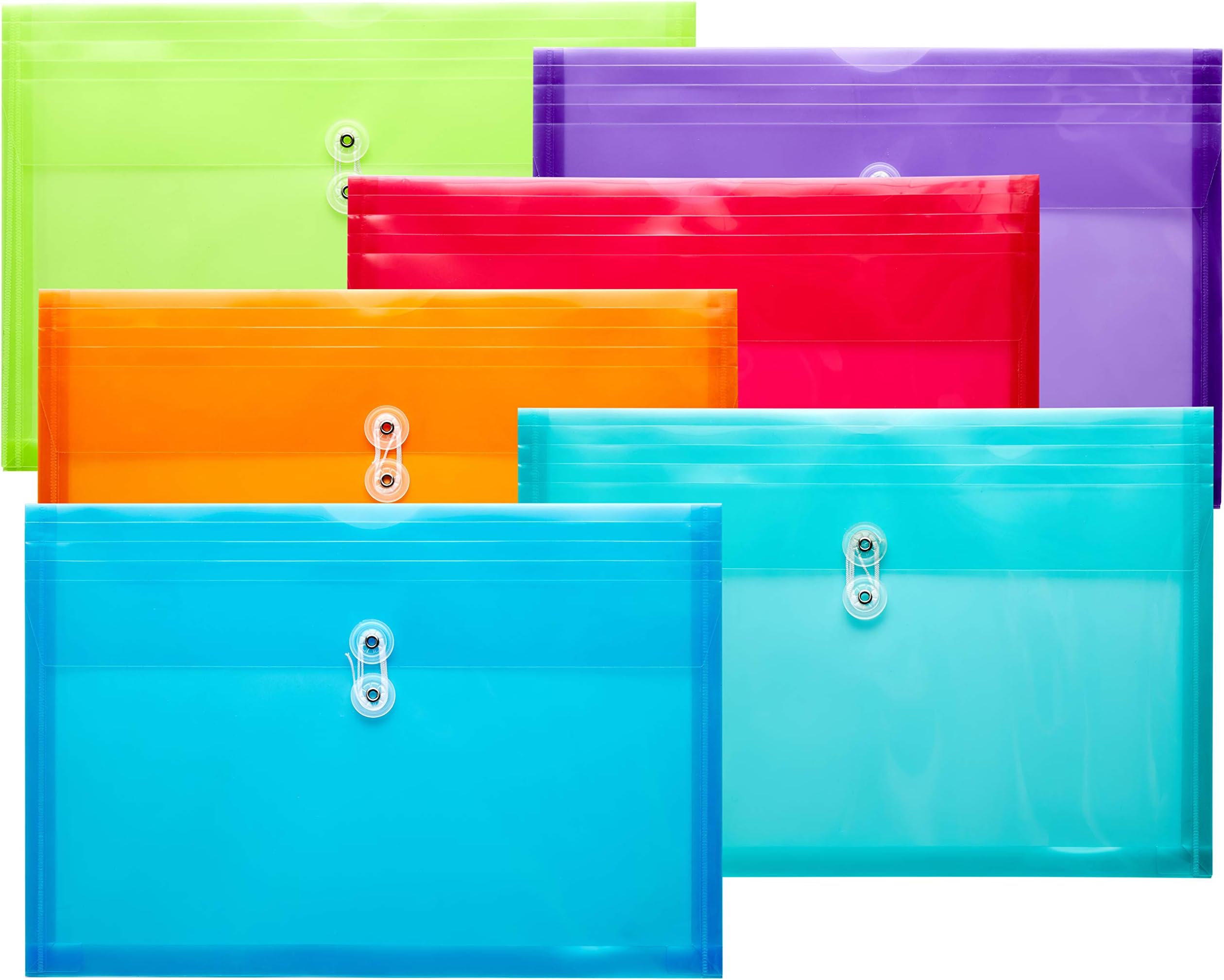 FANWU Plastic Legal Size Envelopes with String Tie Closure, 1-1/4" Expansion, Side Load, Clear File Folders Poly Project Paper Documents Organizer for Office School Home (Assorted Colors - 6 P)