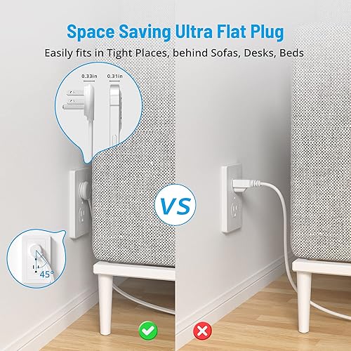 Miniatura 8 de TROND Protector de sobretensiones y cable de extensión plano de 5 pies con 3 cargadores USB (1 puerto USB C), estación de carga de 3 tomas amplias