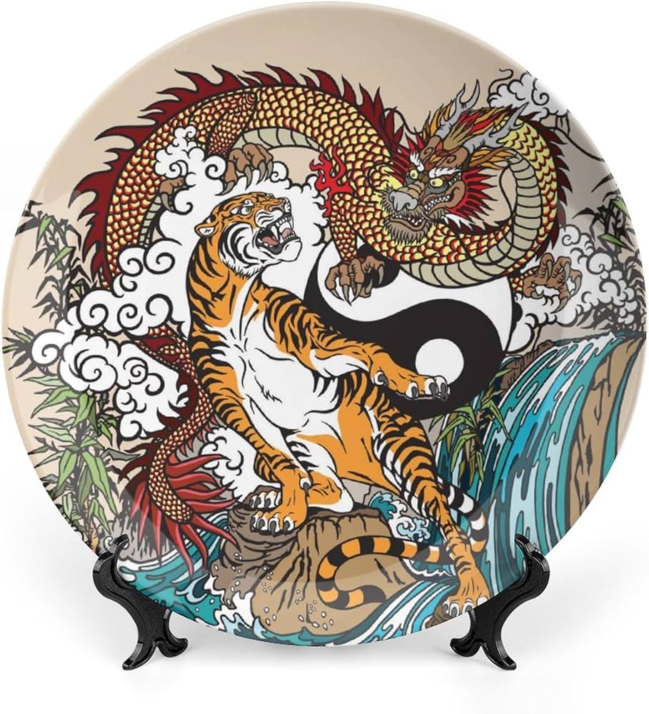 Amazon.co.jp: 陰陽中国の龍と虎 プレートボーンチャイナ装飾プレート