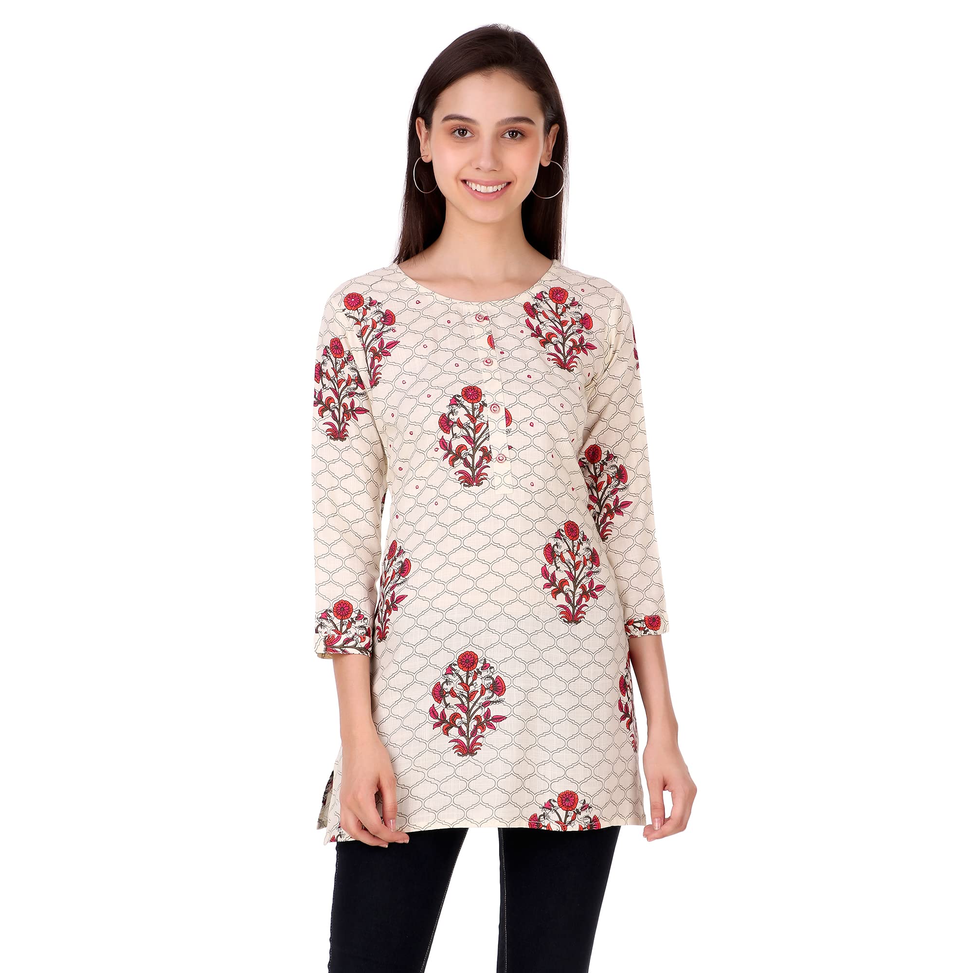 StyleOceanWomen Casual Printed Rayon White 3/4 Sleeve Tunic Top