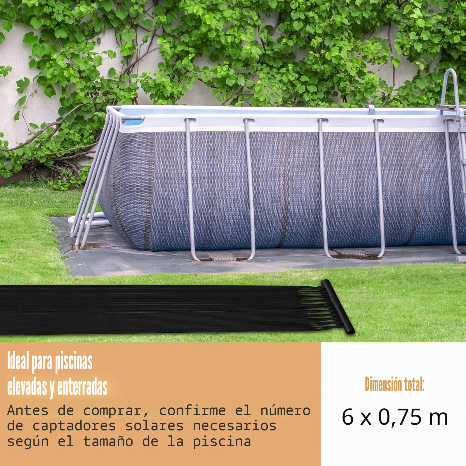 RELAX4LIFE Calentador Piscina Solar PE para Piscinas Elevadas y Subterráneas 12000-25800 L, Calentador Agua con Accesorios Completos, 2 Panel Solar Resistente a los Rayos UV (Negro, 600x75cm)