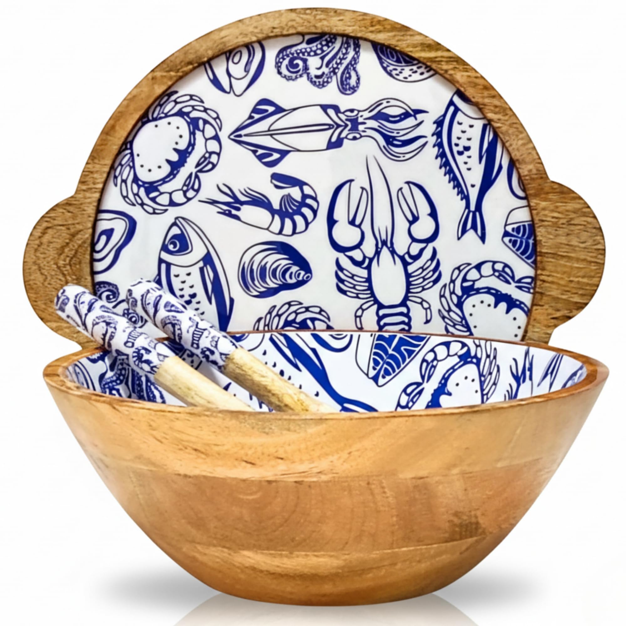 Hartsmede Wooden Salad Bowl 12" – Handmade Mango Wood Serving Set with Lid & Spoons, Food-Safe Enamel Interior, Large Covered Fruit or Salad Dish, Eco-Friendly Rustic Kitchen or Wedding Gift (Ocean)