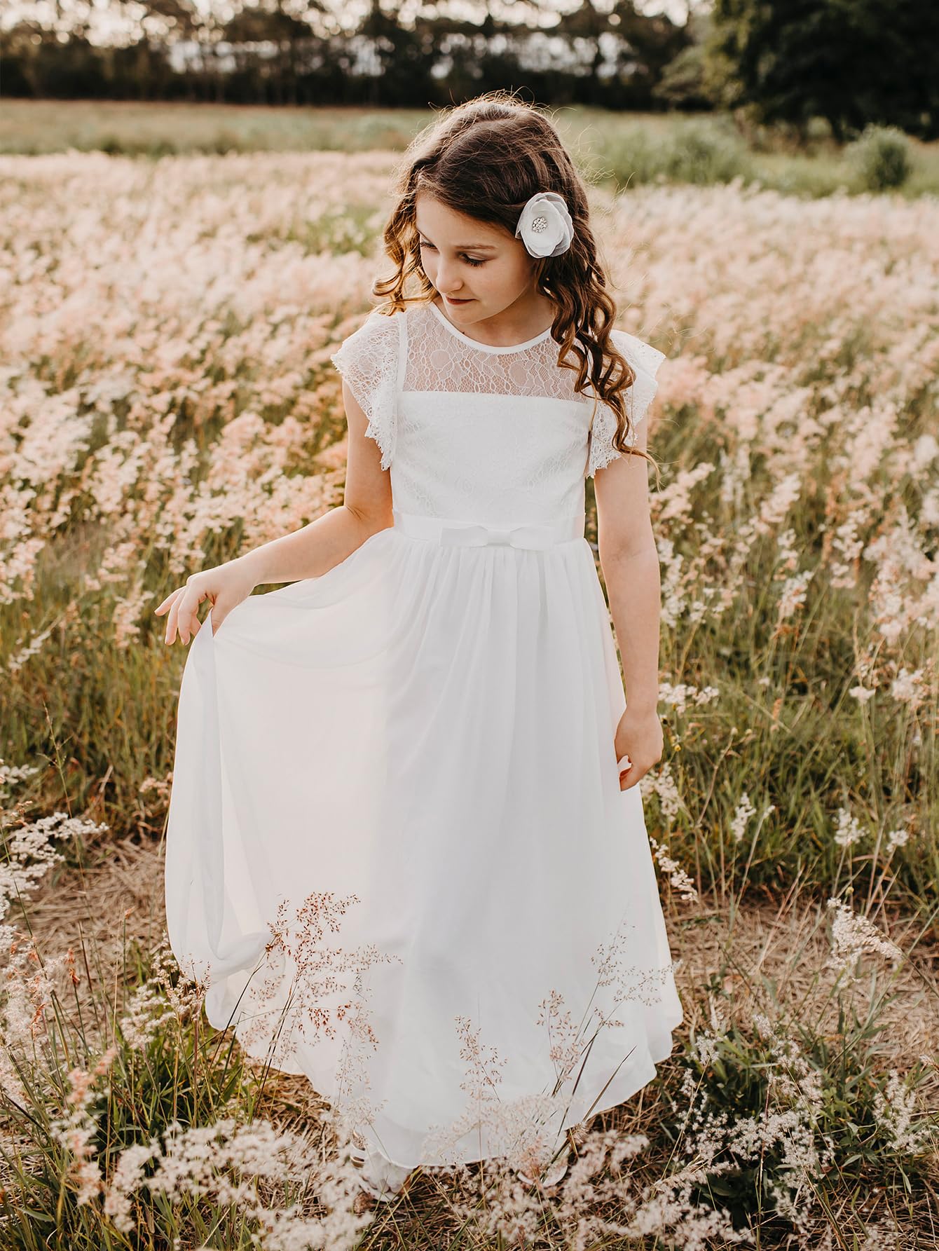 Boho Longue robe en dentelle pour enfants Robe en mousseline de soie avec ceinture et manches courtes papillonsChic Aligne Robes de communion Robes de demoiselle d'honneur Robes de demoiselle