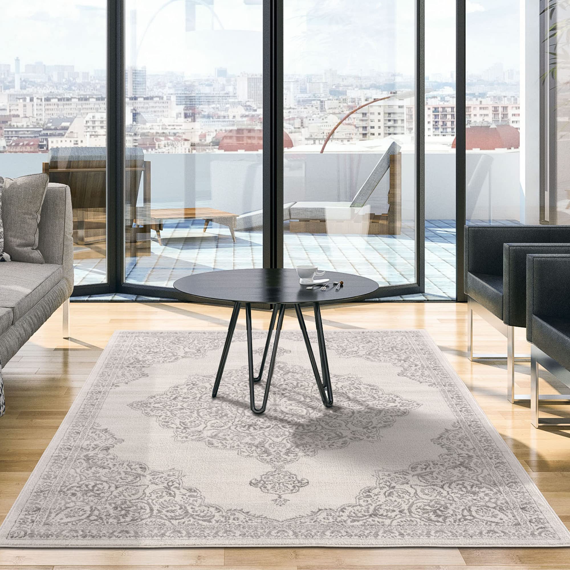 THE RUGS AREA RUG LIVING ROOM BEDROOM LARGE SMALL VINTAGE SOFT SHORT PILE BORDERED CLASSIC ORIENTAL DESIGN TRADITIONAL PERSIAN MOROCCAN BOHO CARPET - SMALL 80X150 CM, GREY VINTAGE DESIGN