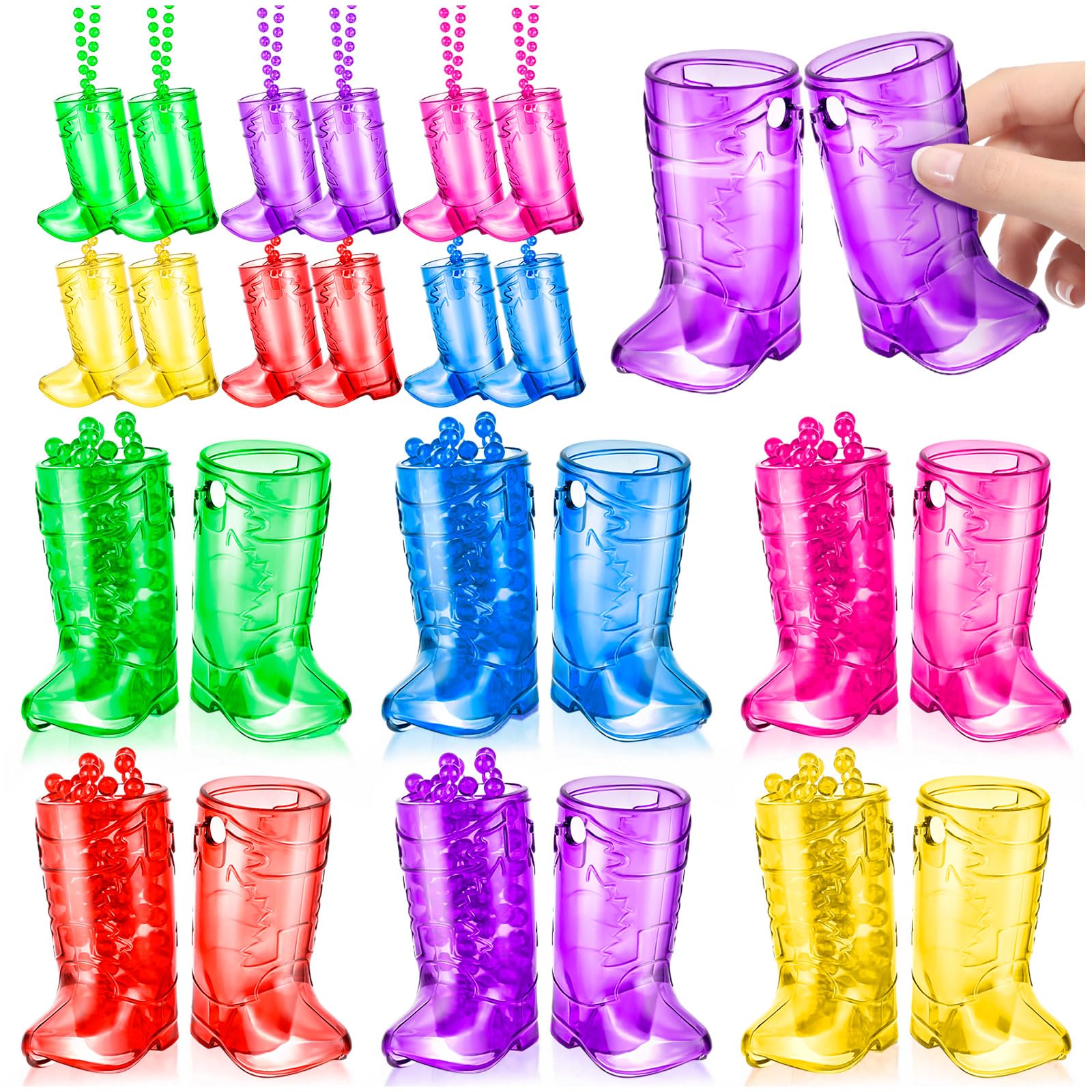 LSGYPAQ 12PCS Cowboy Boot Shot Glasses Plastic Boot Shot Glass on Beaded Necklace, Reusable Cups for Bride and Groom Cowgirl Western Theme Party