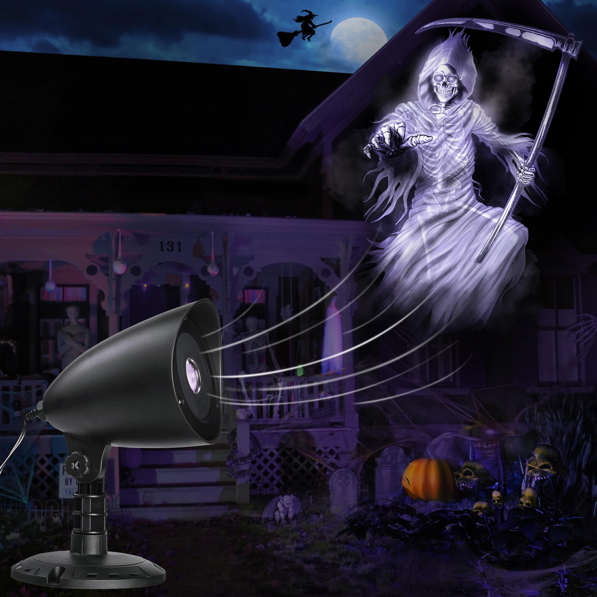 iShabao Projektor 3D Halloween z timerem, LED lampa wodoszczelna, biały ponury żniwiarz, na ścianę, okno, ogrod, podwórze, imprezę