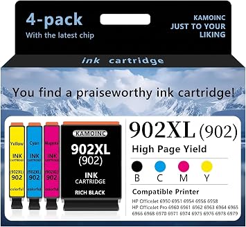 902XL Ink Cartridges for HP Printers Replacement for HP 902XL Ink Cartridges Combo Pack 4 Pack for Officejet Pro 6978 6968 6970 6975 Officejet 6958 6956 6954 Printers 4Pack