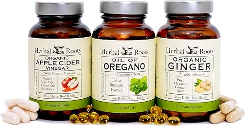 Herbal Roots Trío de apoyo digestivo, aceite de orégano, suplementos de hierbas orgánicas certificadas ACV y jengibre, sin OMG