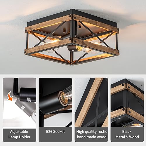 Miniatura 6 de Mayful Lámpara de techo de montaje empotrado, 2 luces rústicas con marco de metal y madera, iluminación regulable cerca del techo para cocina,