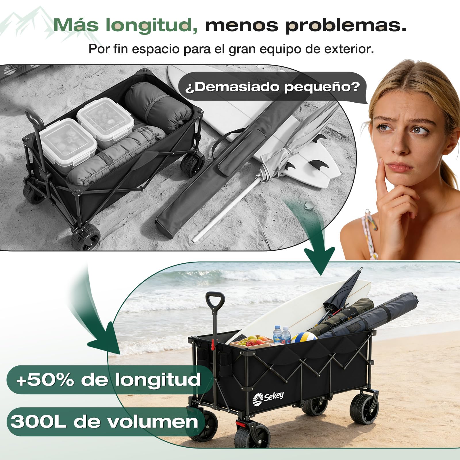 Sekey XXXL Carro Transporte Plegable 300L Capacidad 200KG, Modelo Alargado con Ruedas Todo Terreno 17x10 cm, Patente Sistema 4 Direcciones de Montaje Rápido, Negro