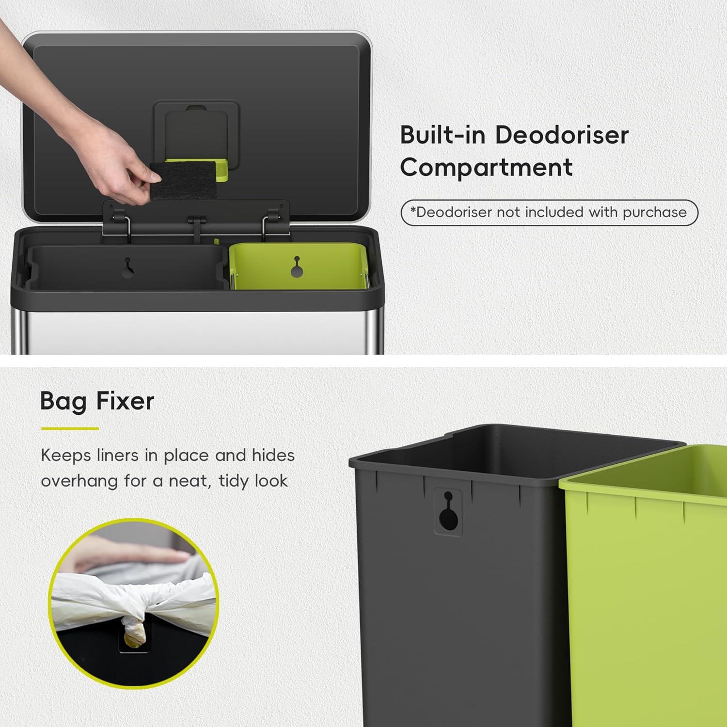 EKO EcoCasa II 36L 24L Dual Trash Can with Recycle Bin, Stainless Steel Garbage Can with Lid, Deodorizer Compartment, Odor-Proof and Fingerprint Resistant
