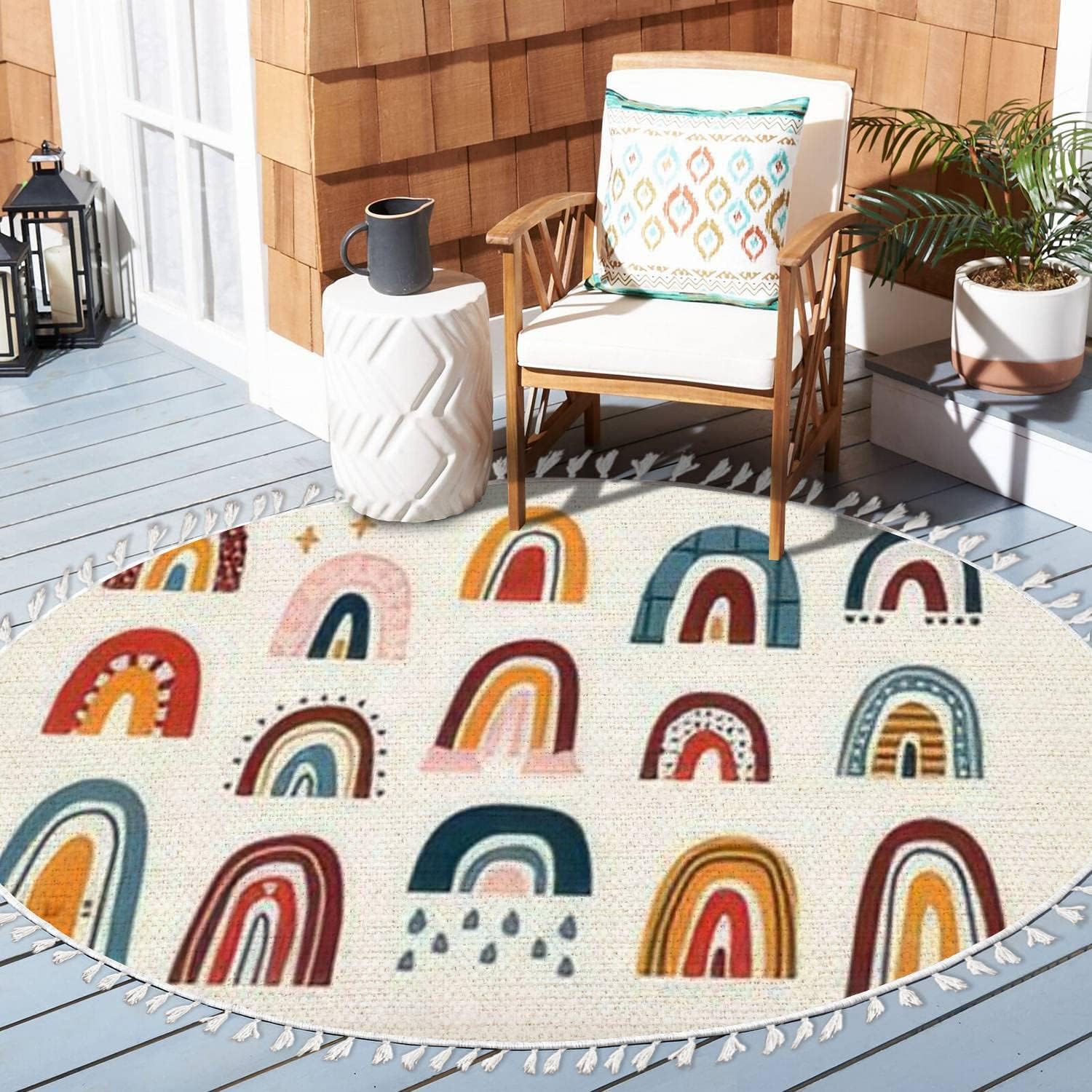 Round Boho Rug Various Rainbows Kids Drawing Style Different Ornaments Childish Area Rug Linen Rug Carpet Patio Rug Hallway Runner Rug Mat Pad Minimalist Home Decor for Living Room Outdoor