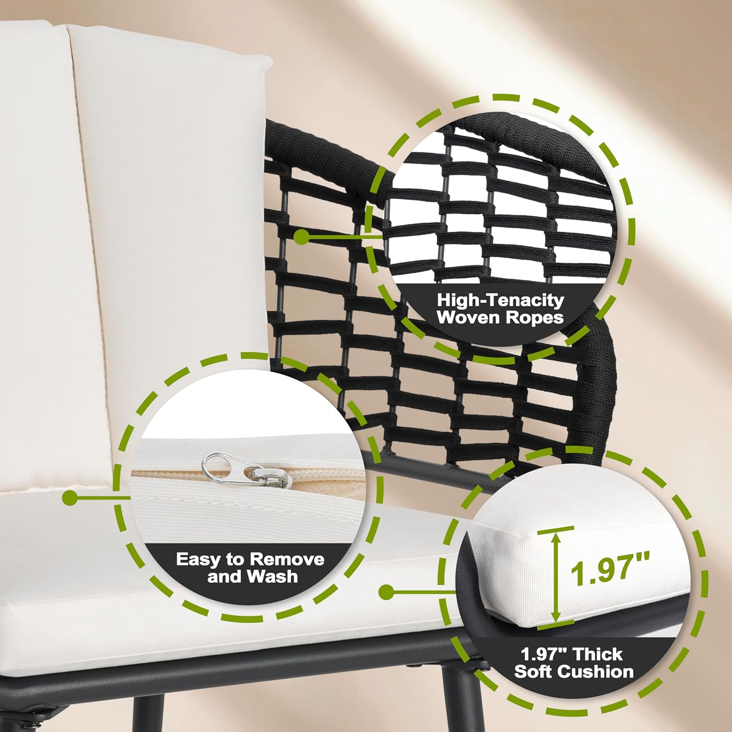 NUU GARDEN 7 Piece Outdoor Patio Dining Set, Aluminum Rectangle Patio Table with Umbrella Hole and 6 Woven Rope Chairs with Cushions for Lawn Backyard Balcony, Black and Beige