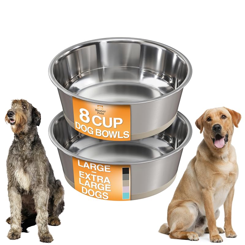 Tigelas para Cães Grandes em Aço Inoxidável com Base Antiderrapante Neater Pet Brands, Tan, 1,89 L, Pacote com 2
