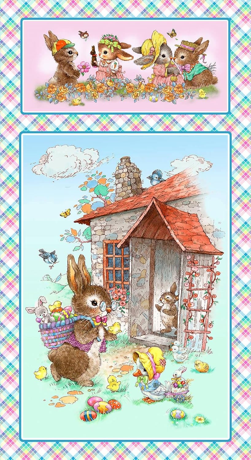Quality Sewing Fabric - Easter Rabbit Bunny Garden Shed Fabric Bunny Tails 100% Cotton 24 x 44 Inch Panel