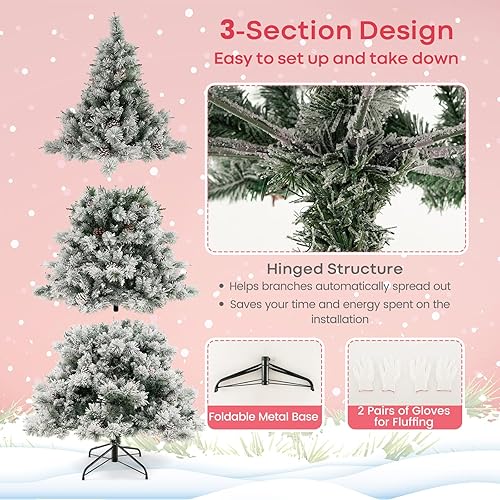 Miniatura 4 de Goplus Árbol de Navidad preiluminado de 7 pies, árbol de Navidad artificial con bisagras con 1057 PVC y puntas de ramas de pino, 420 luces LED