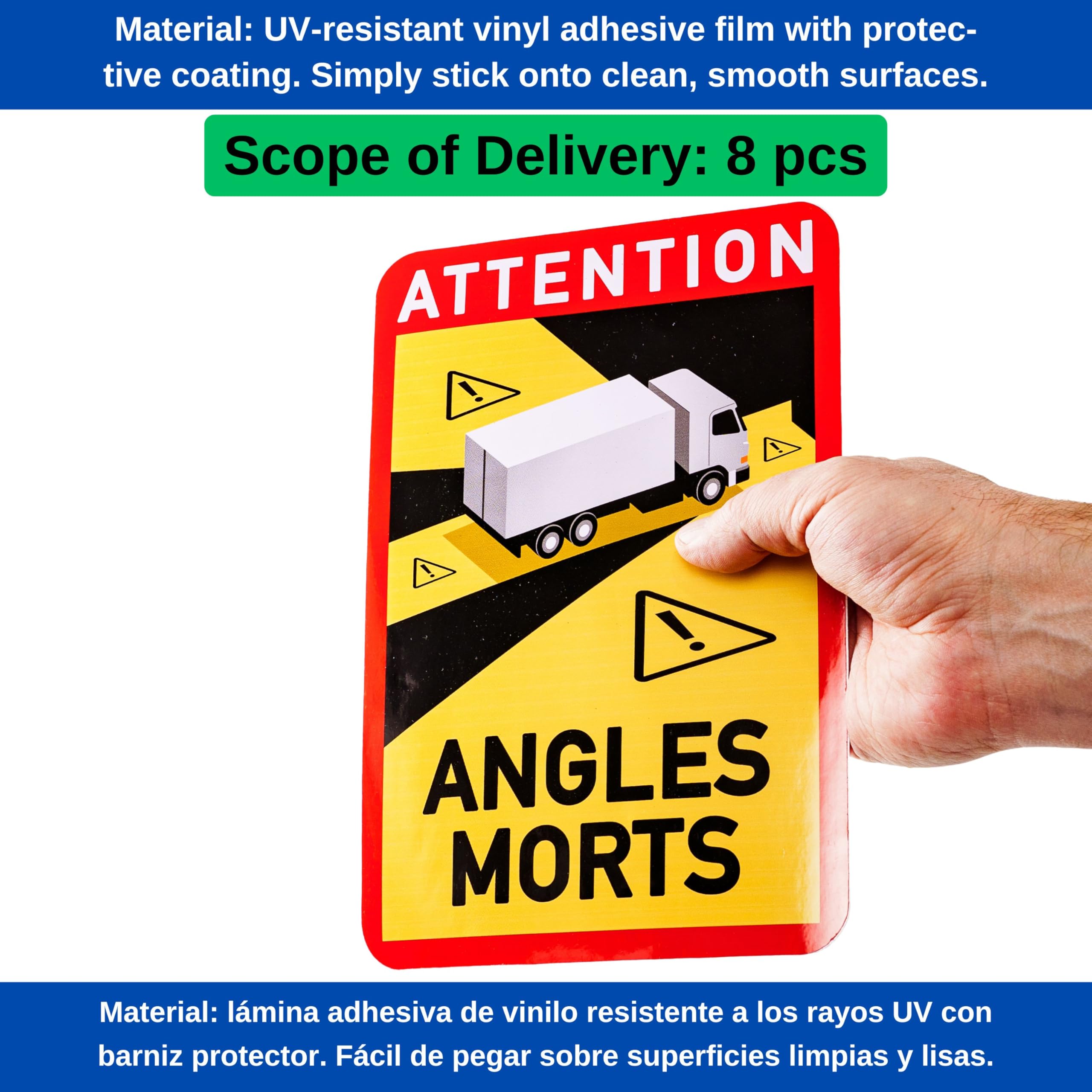 Naklejka martwego pola, 8 szt, 25 x 17 cm, folia samoprzylepna dla ciężarówek, obowiązkowa dla pojazdów silnikowych od 3,5 tony we Francji, Attention Angles Morts Sticker Truck