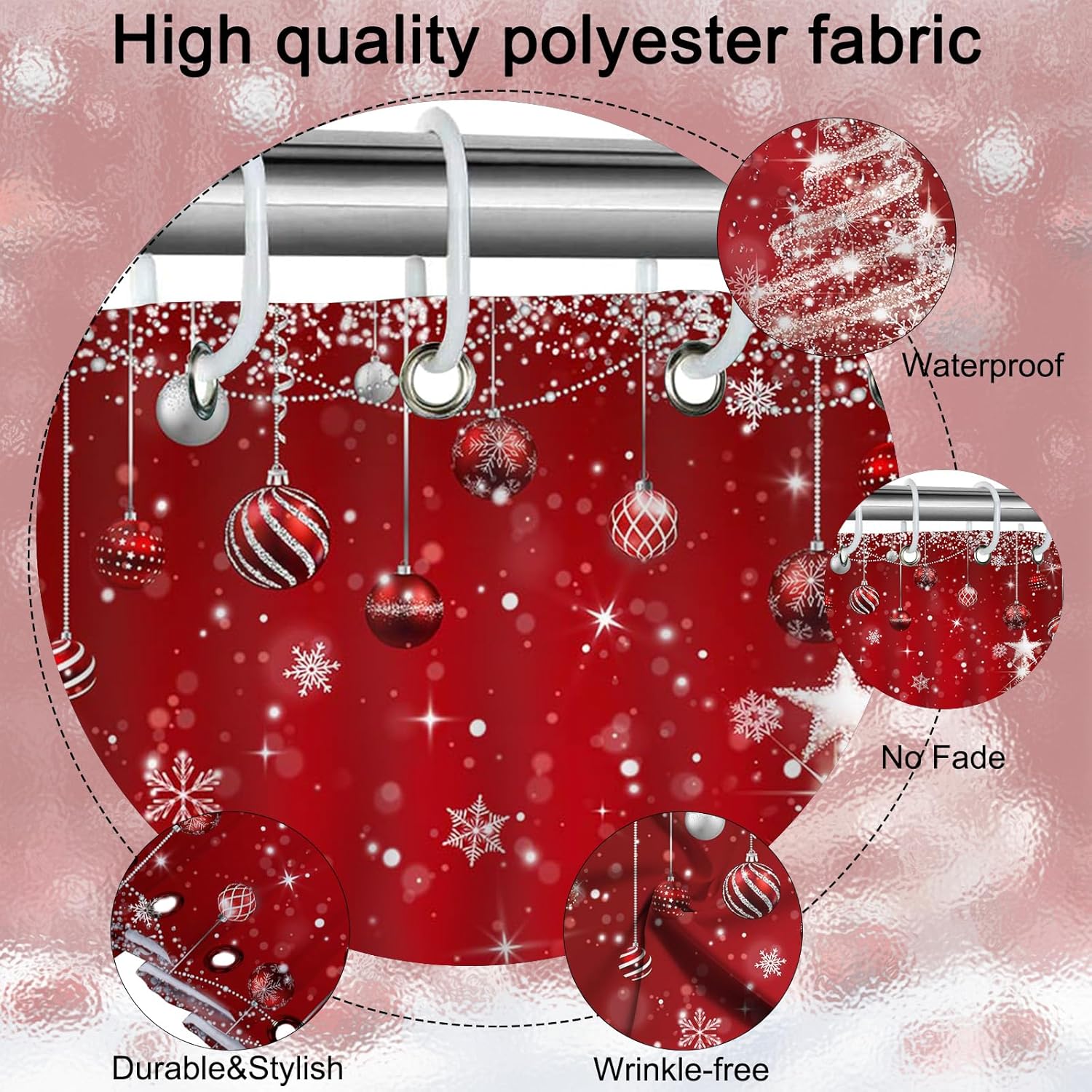 Mocsicka Red Christmas Shower Curtain Glitter Xmas Pine Tree Snowflakes Deer Bathroom Shower Curtain Winter Christmas Waterproof Bathtub Curtain Decor with 12 Hooks 72 X 72 Inches (Red)