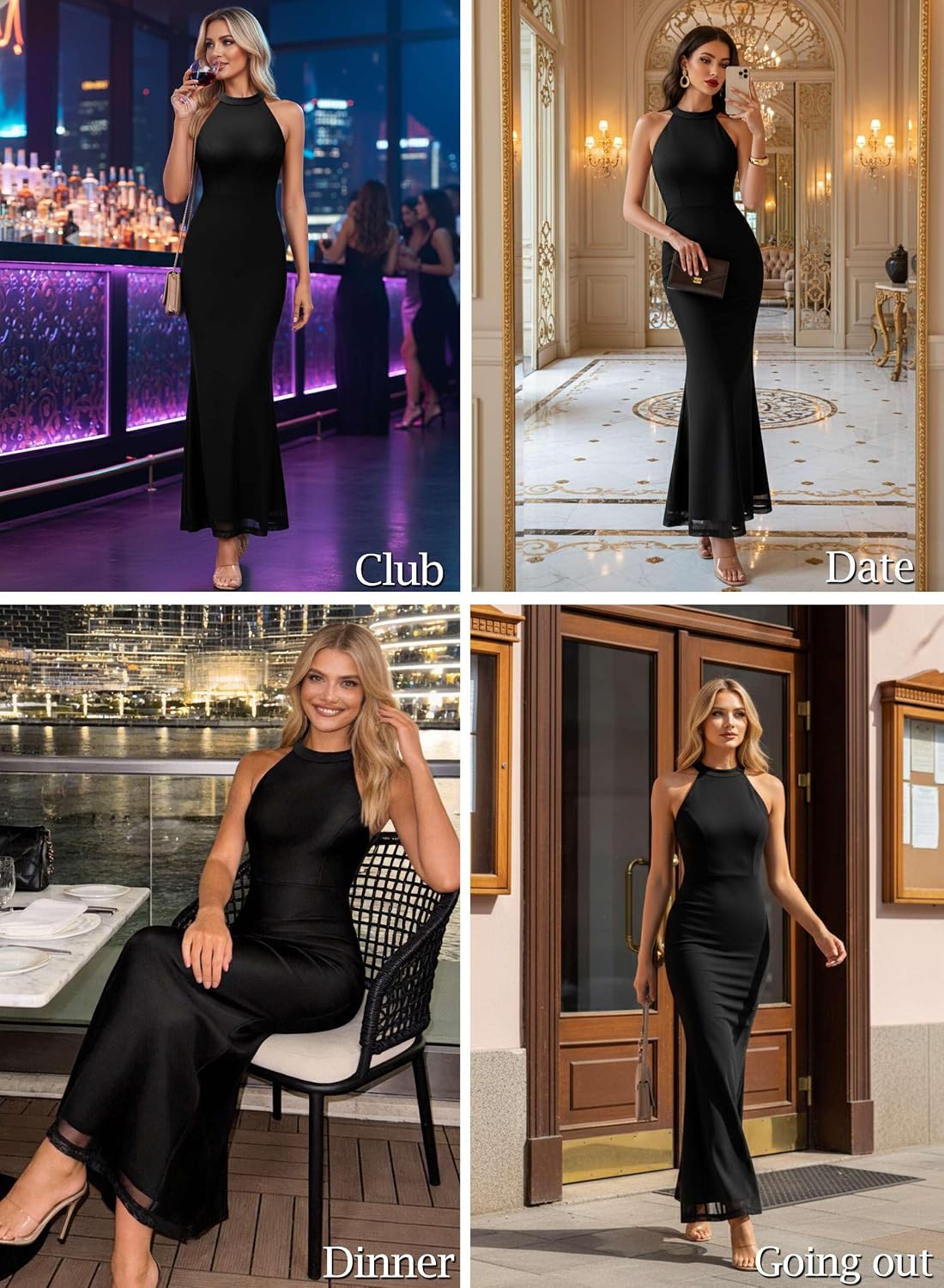 VFSHOW Womens Elegant Halter Neck Formal Bodycon Fitted Wedding Guest Long Cocktail Evening Mermaid Maxi Dress