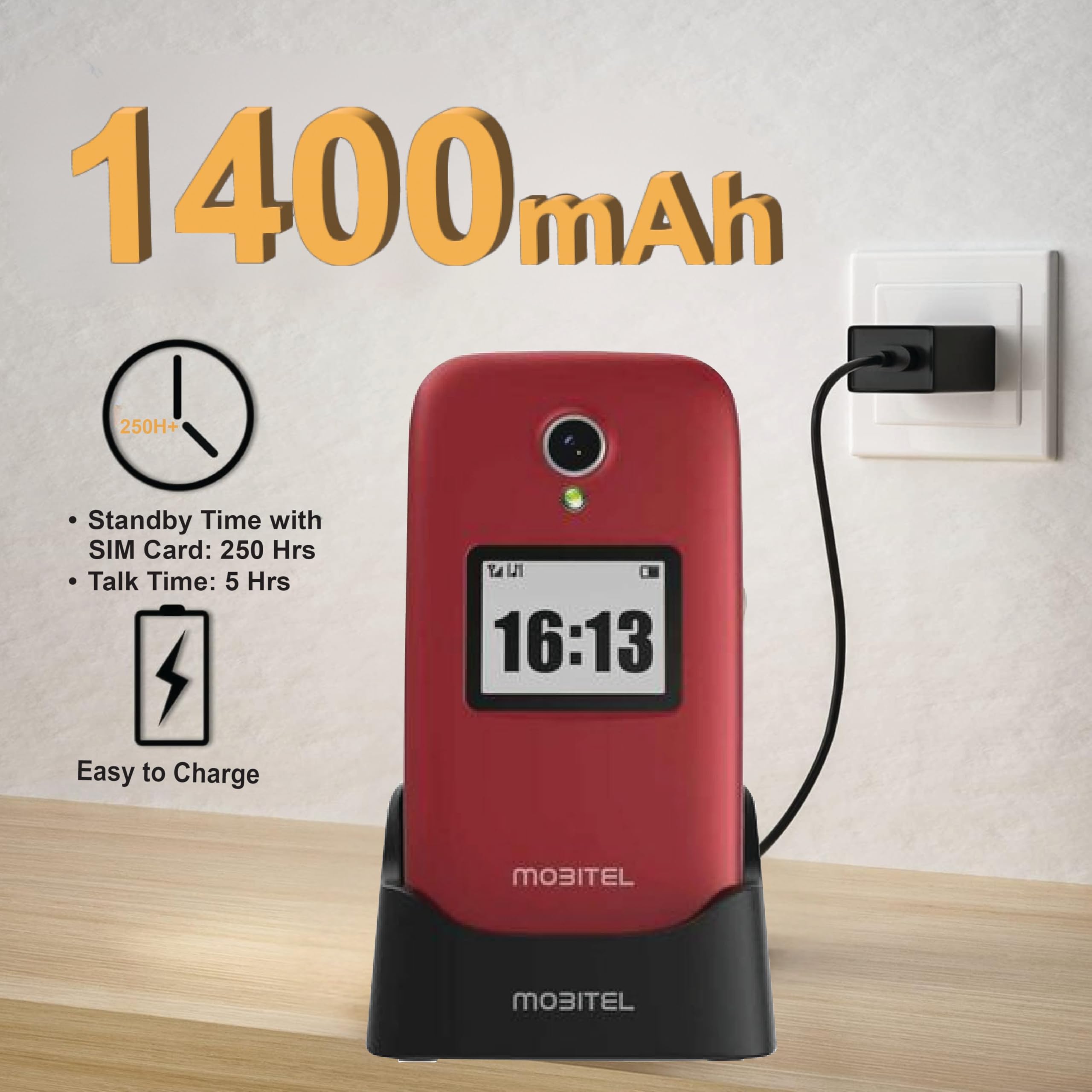 Mobitel 8010 - Teléfono móvil para personas mayores con botón grande para ancianos, 4G, SIM, desbloqueado, botón de emergencia SOS, 1400 mAh, larga espera, altavoz fuerte fácil de usar, base de carga