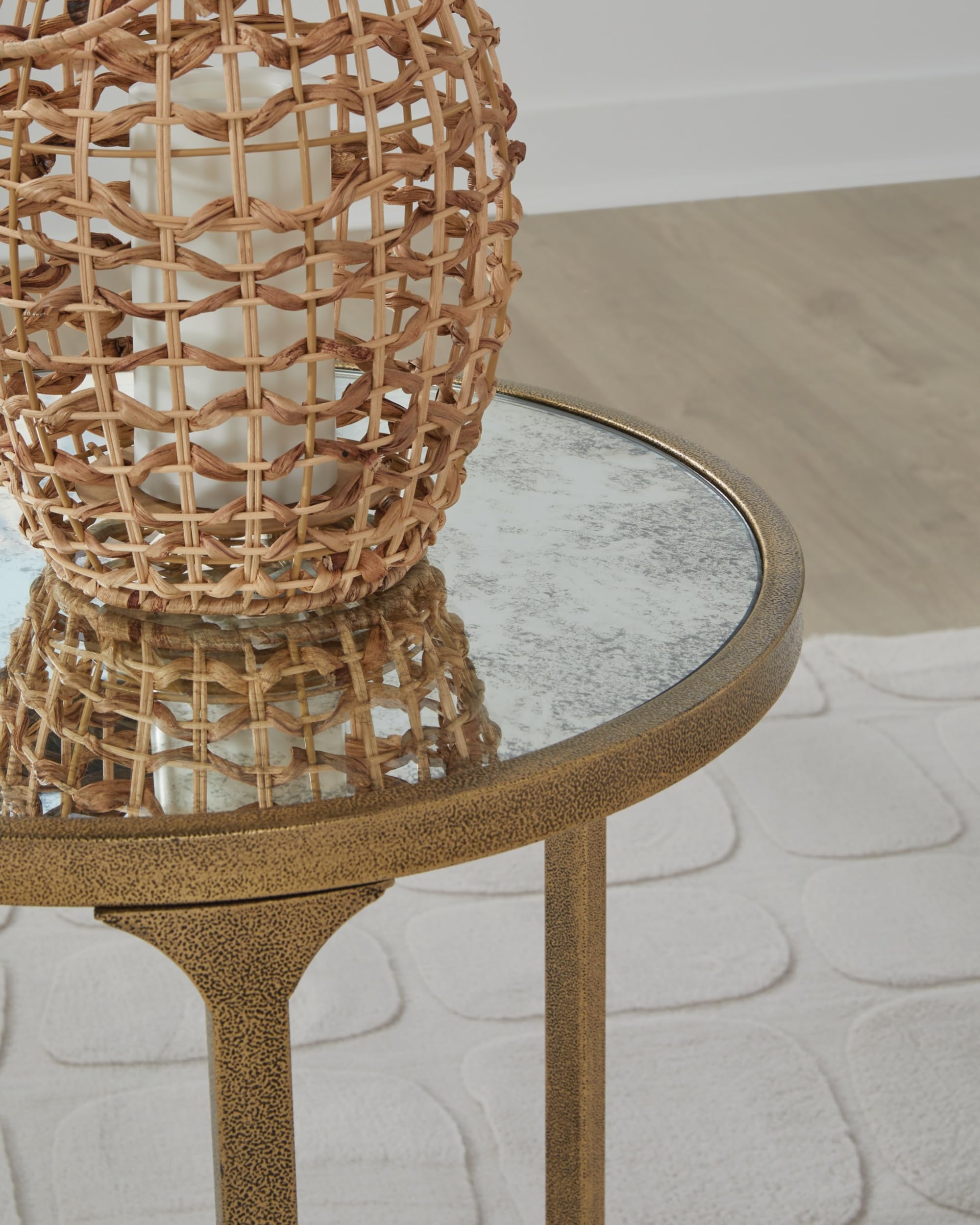 Signature Design by Ashley Korajane Round End Table, Gold, 20 Inch | 20x20x23 in round end table, 21.63 in under table space, Faux marble tempered glass top, Antique gold metal frame