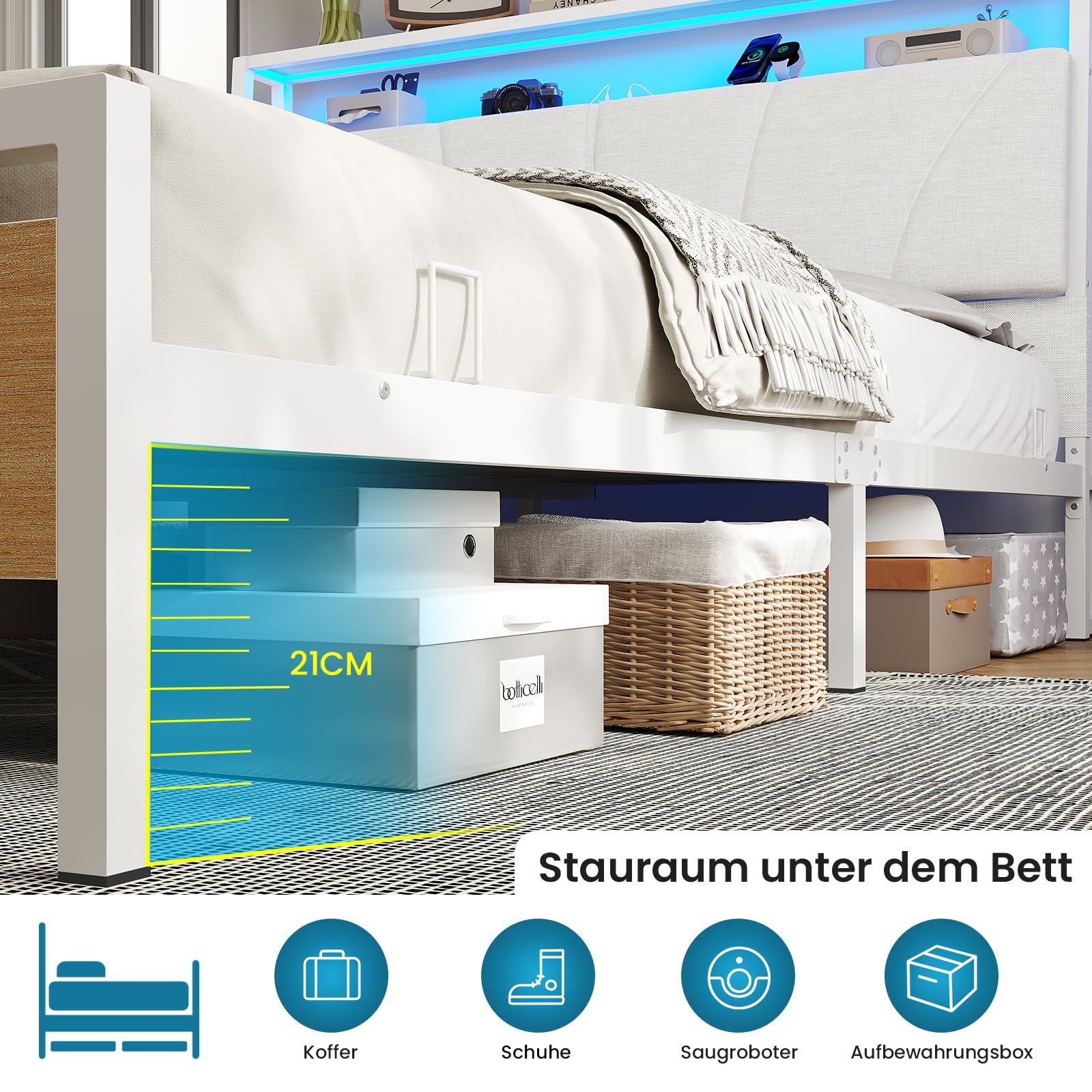 Brinlawb Bett 140x200 mit Lattenrost aus Metall, Bettgestell 140x200cm mit LED Beleuchtung Metallbett 140x200 mit Kopfteil & Ladestation(2 AC-Steckdosen& 2 USB-Anschlüsse) Jugendbett Doppelbett, Weiß