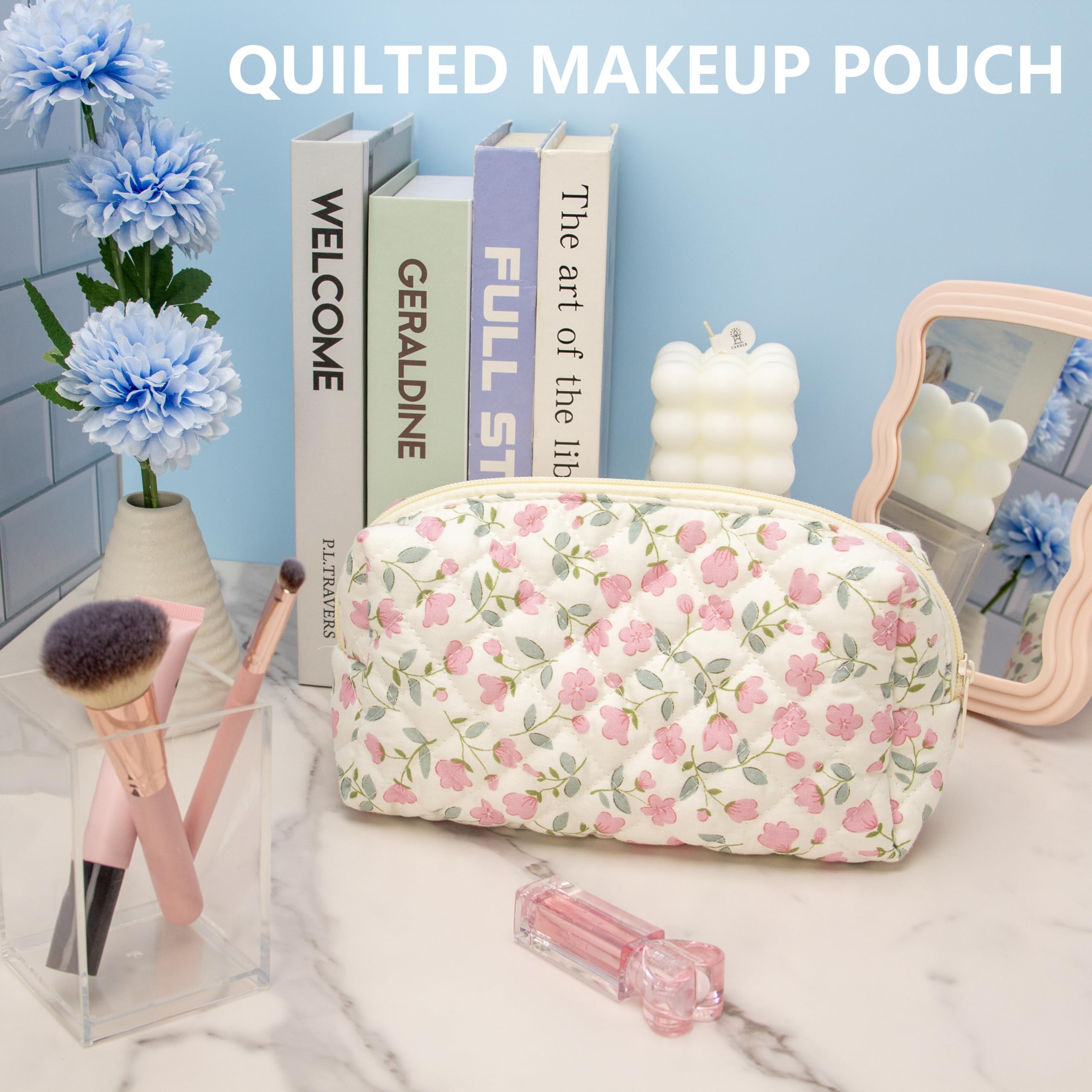 PAZIMIIK Gesteppte Make-up-Tasche im Vintage-Stil, Kosmetiktasche für Pinsel, Bleistifte und Reise-Make-Up-Zubehör für Damen und Mädchen, Blume weiß, 6PCS, Vintage