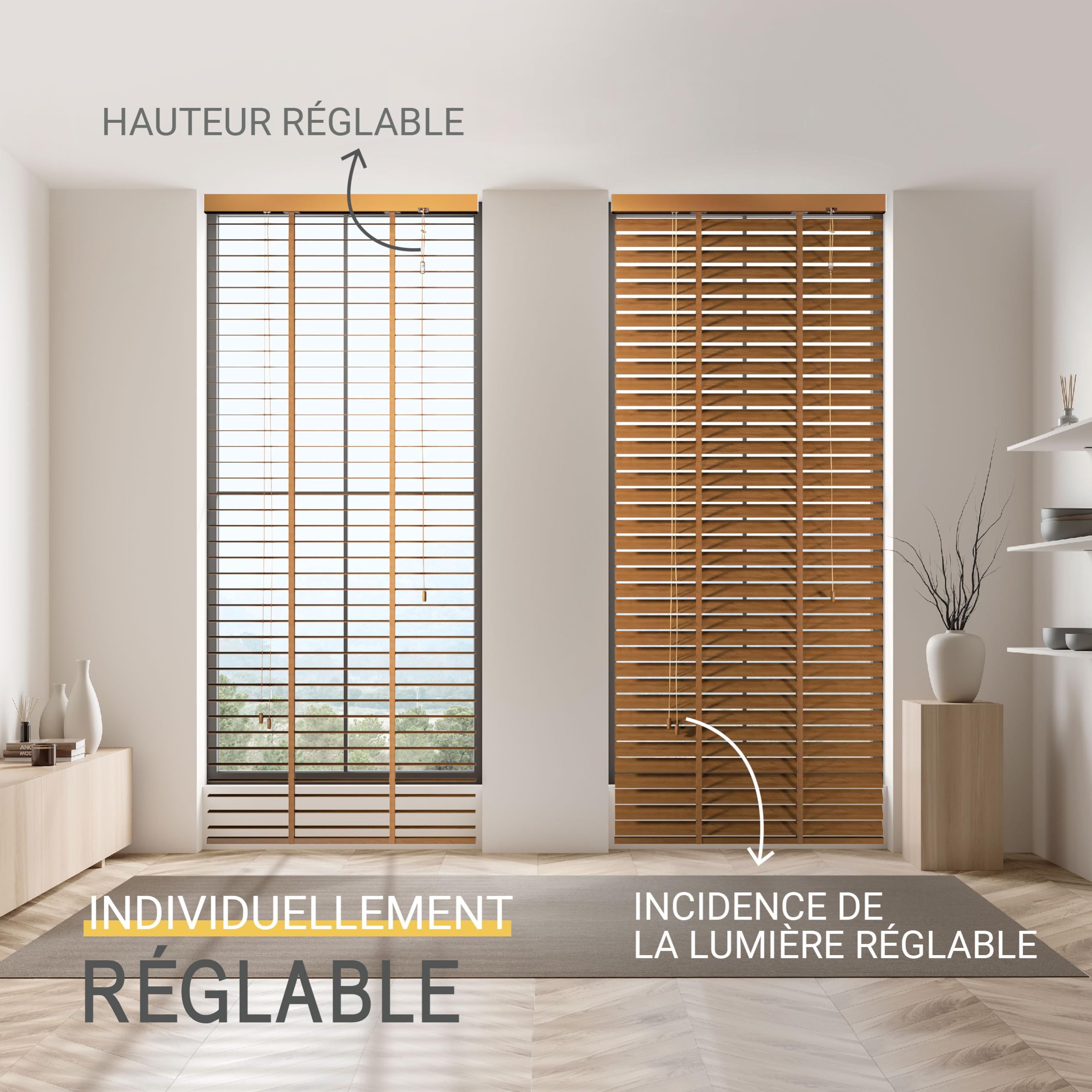 Sol Royal Store Venitien Bois 80x180 cm Lamelles 50 mm Extra Larges Chêne – Montage Facile Mur & Plafond – Brise-Vue Fenêtre Bois Massif – Stores Vénitiens Intérieurs & Extérieur BE5